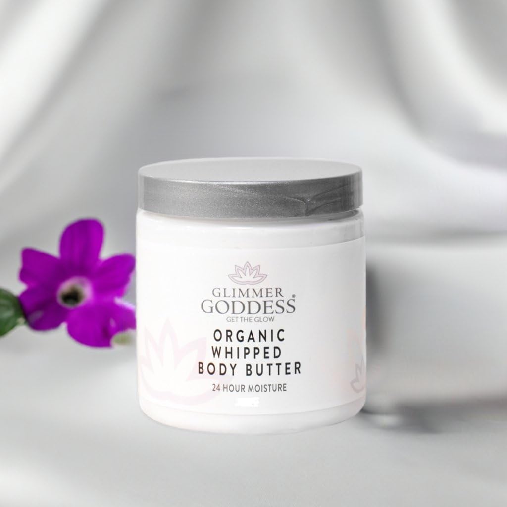 Glimmer Goddess Organic Whipped Body Butter for Women - Moisturizer Cream with Shea & Cocoa Butter, Almonds & Coconut Oil - Lavender, 8oz