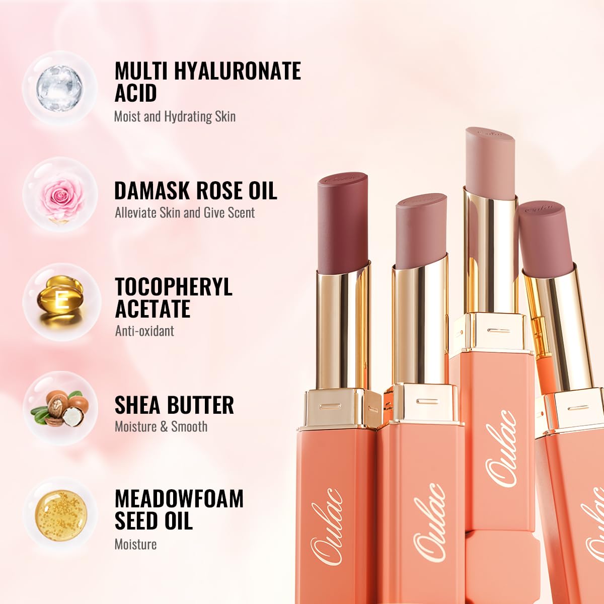 Oulac Color Rich Satin Lipstick Set For Women Red Burgundy Lipsticks High Impact Lipcolor Tinted Lip Balm, Nourishing, Satin Finish, Moisturizing Creamy Formula, Vegan Gluten Free 07+08+15(SET 4)