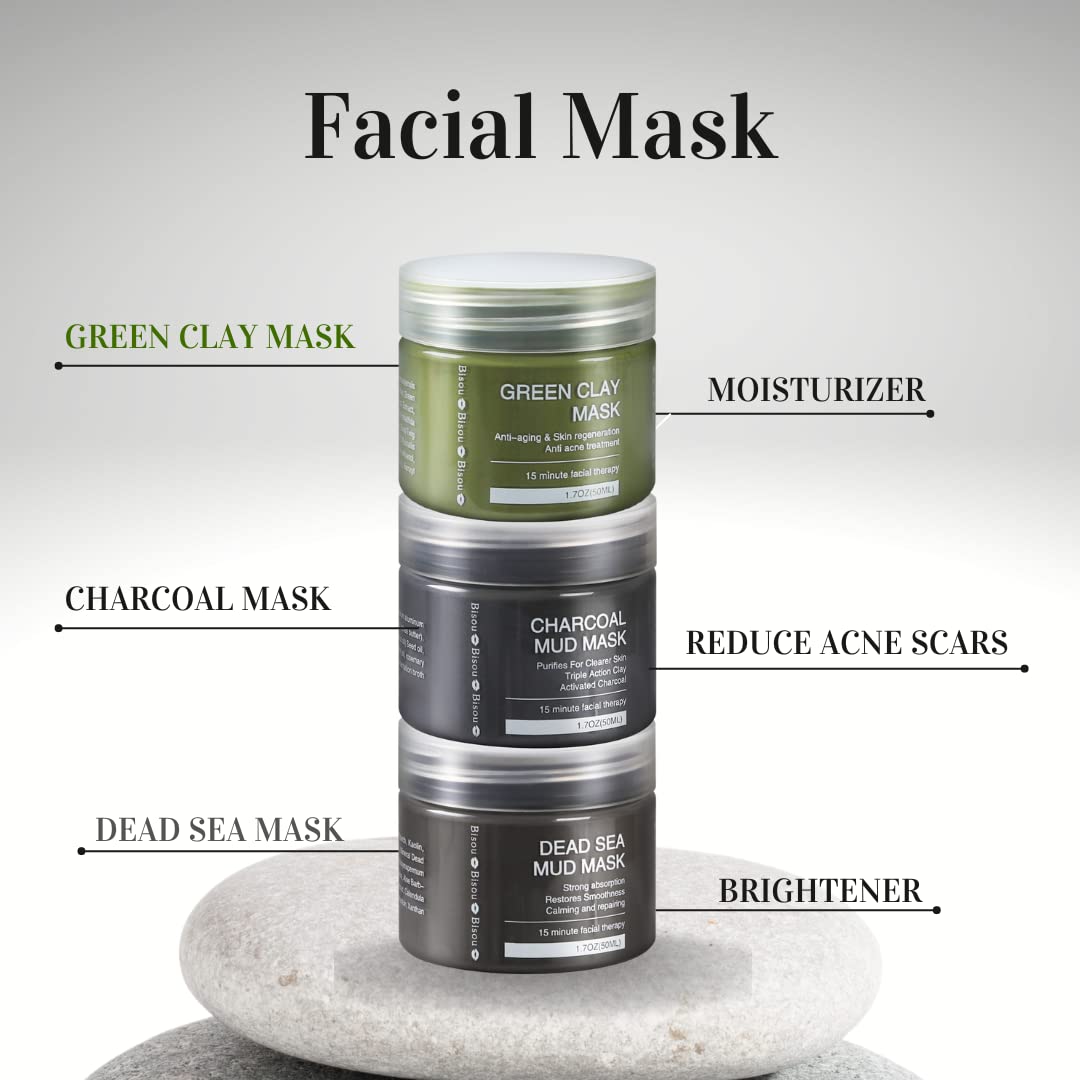 Clay, Dead Sea Mud & Charcoal Gel Face Mask Trio With Applicator, Deep cleansing Clay and Mask Applicator, Facial Therapy PH Balanced Hypo-allergenic