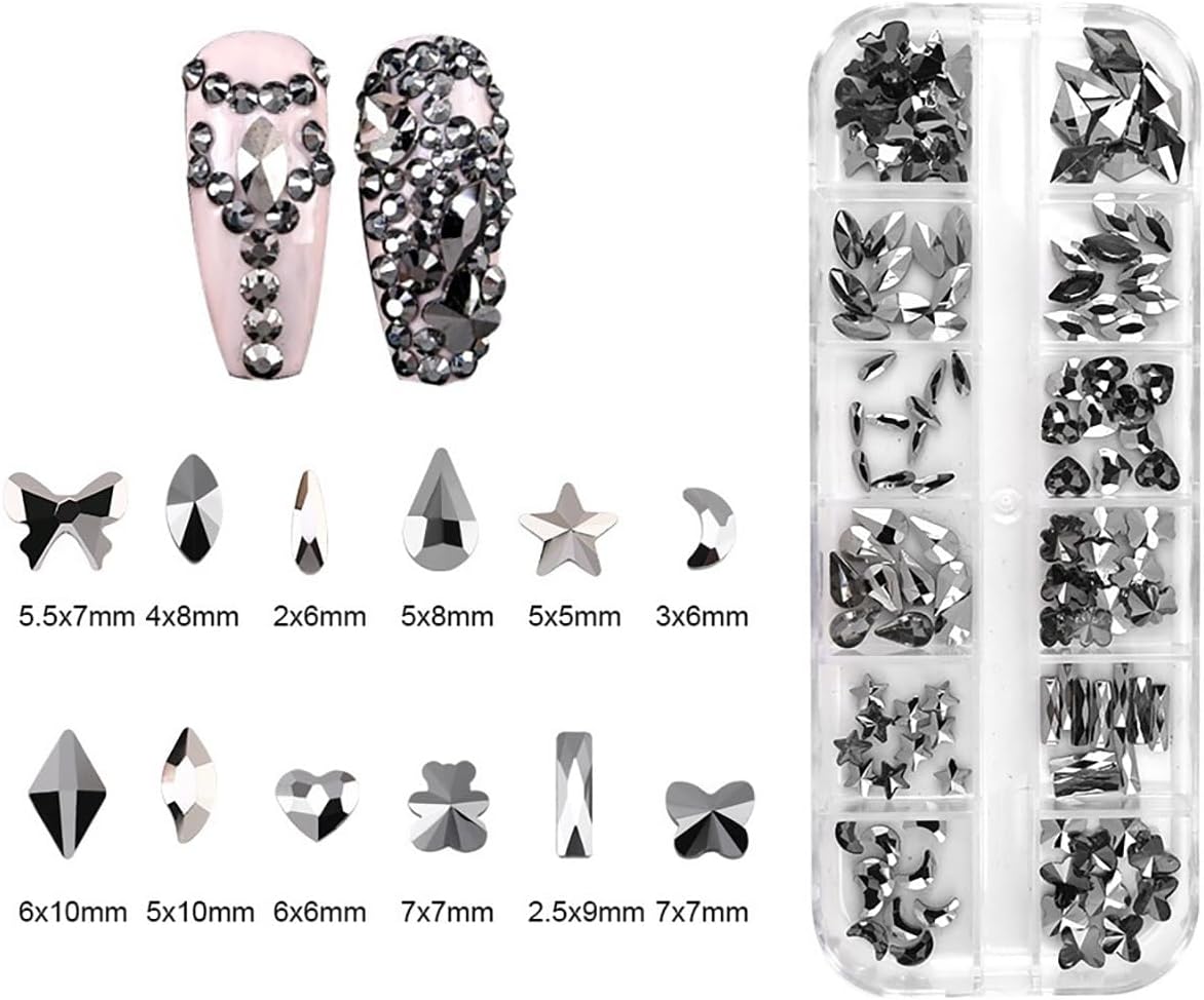 120pcs Flatback Rhinestones Glass Charms Diamantes Gems Stones for Nail Art Box Multi Shapes Jet Hematite