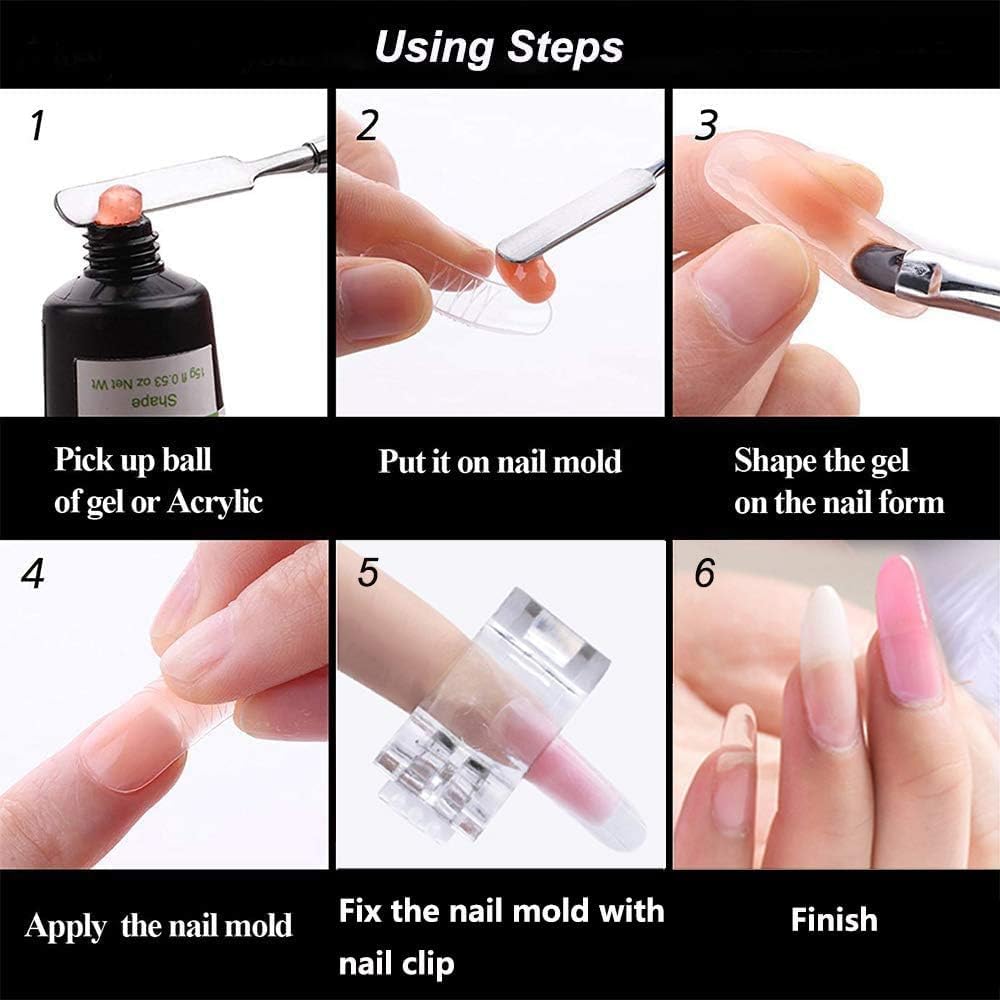 EBANKU 100 PCS Clear Nail Extension Form Tips Dual Nail Mold Full Cover UV Polygel Gel Tools Acrylic Nail System Forms Set with Black Dual-Ended Polygel Brush & Picker 5Pcs Nail Tips Clip (Pink)