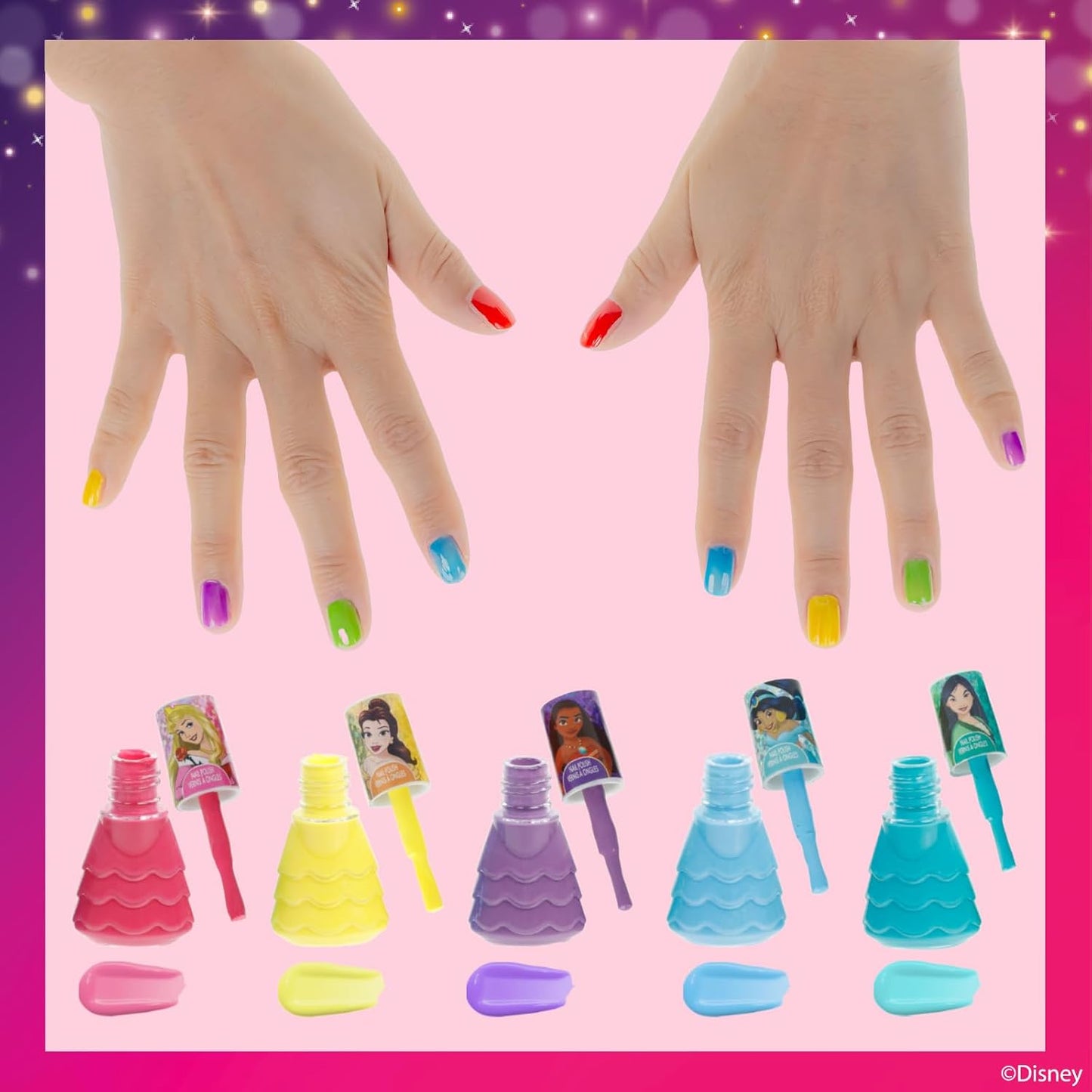 Disney Princess 15 Piece Water-Based Nail Polish with 3 Toe Spacers, Quick Dry, Peel Off, Gift Kit Set for Kids Girls, Ages 3 by Townley Girl