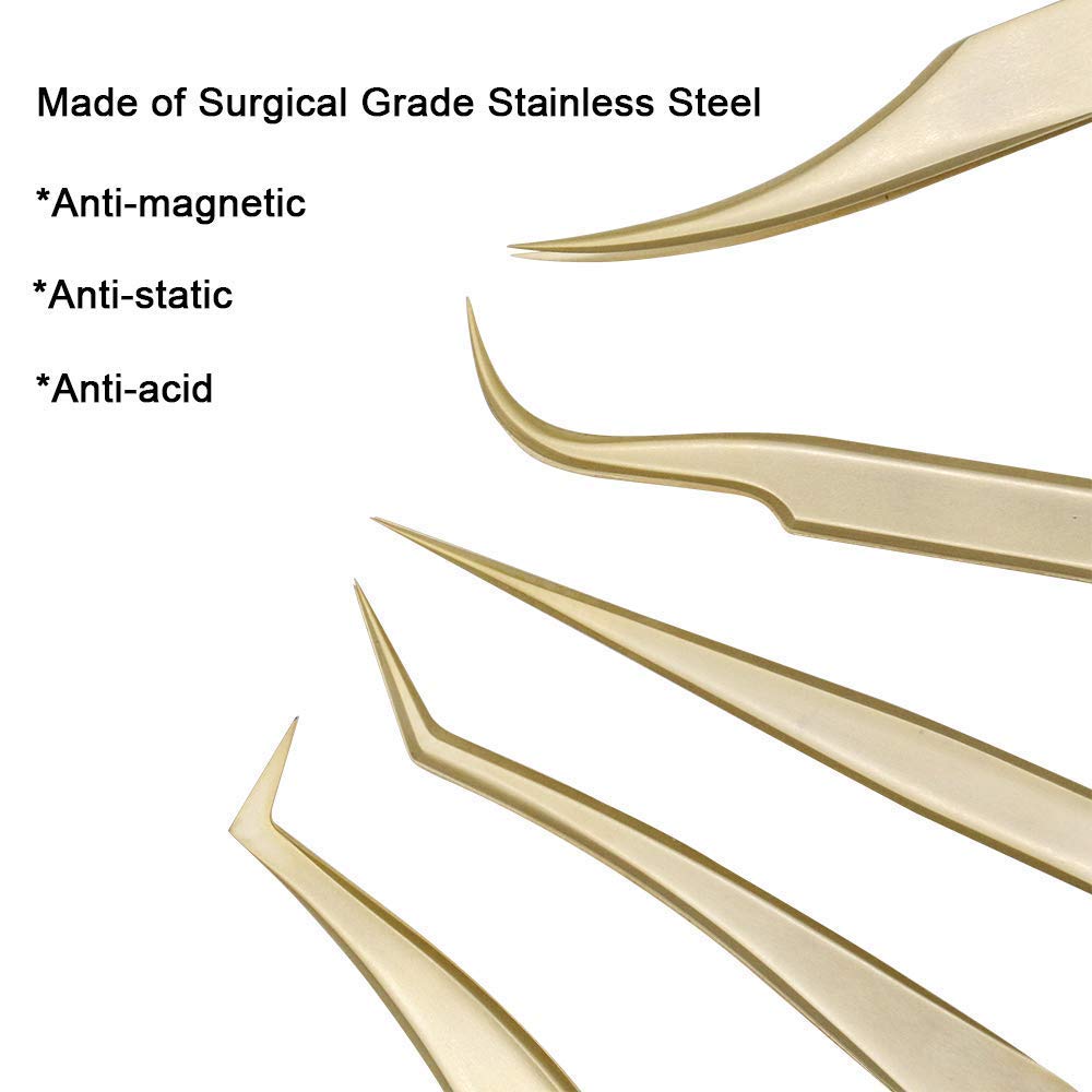 Ms.Queen Eyelash Extension Tweezers Set-Precision Tweezers for 2D-6D Volume&Individual False Lashes Extensions with PU Storage Case-Golden (Curved Tweezers/M003-4)