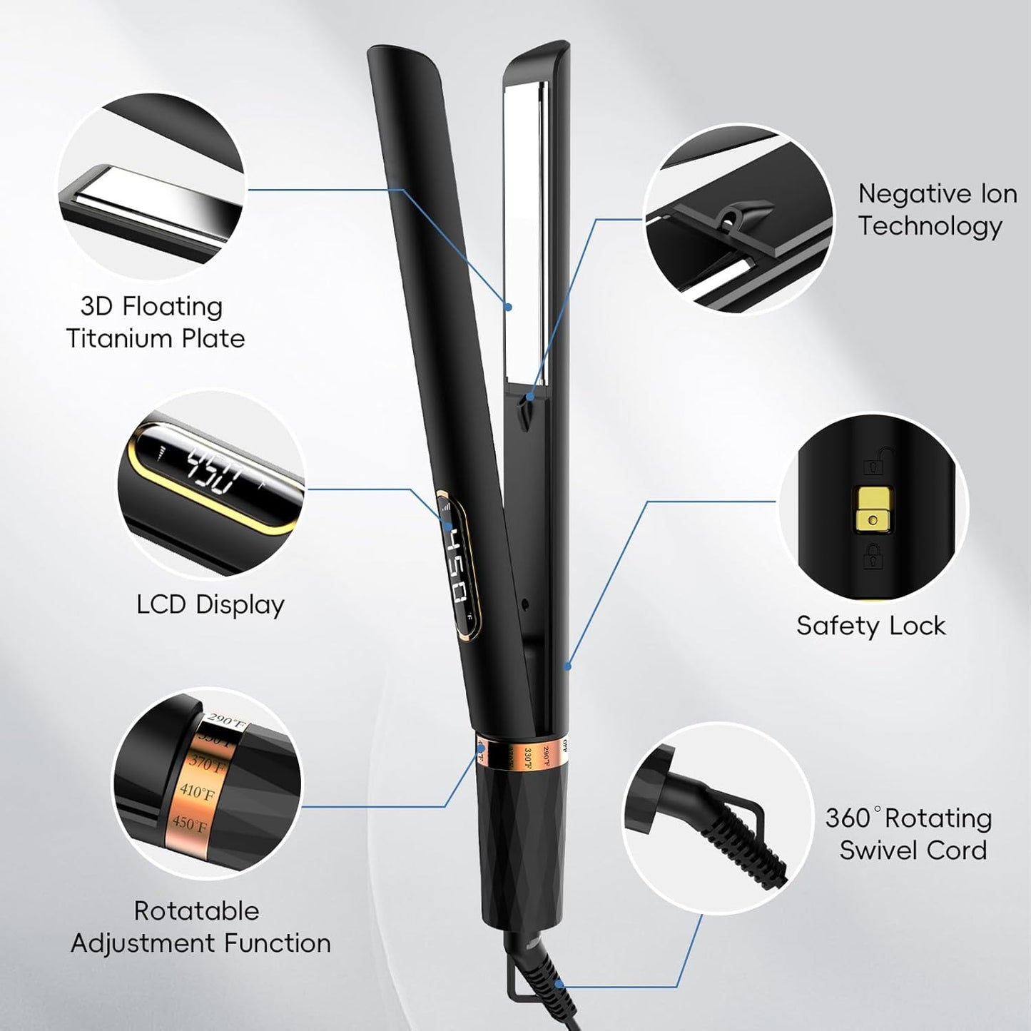 Nicebay Hair Straightener and Curler Fast Heating Titanium Iron with 5 Temp Settings and Negative Ion Technology, Travel-Friendly