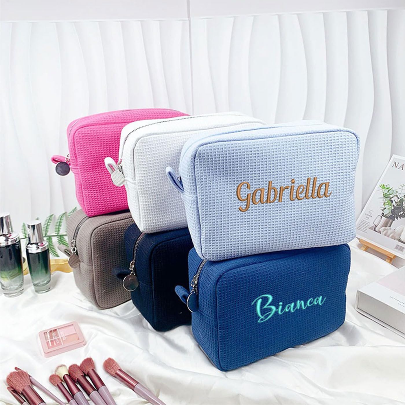 Personalized Embroidered Makeup Bag,Custom Waffle Fabric Cosmetic Pouch for Women, Travel Makeup Pouch (3, Gray)