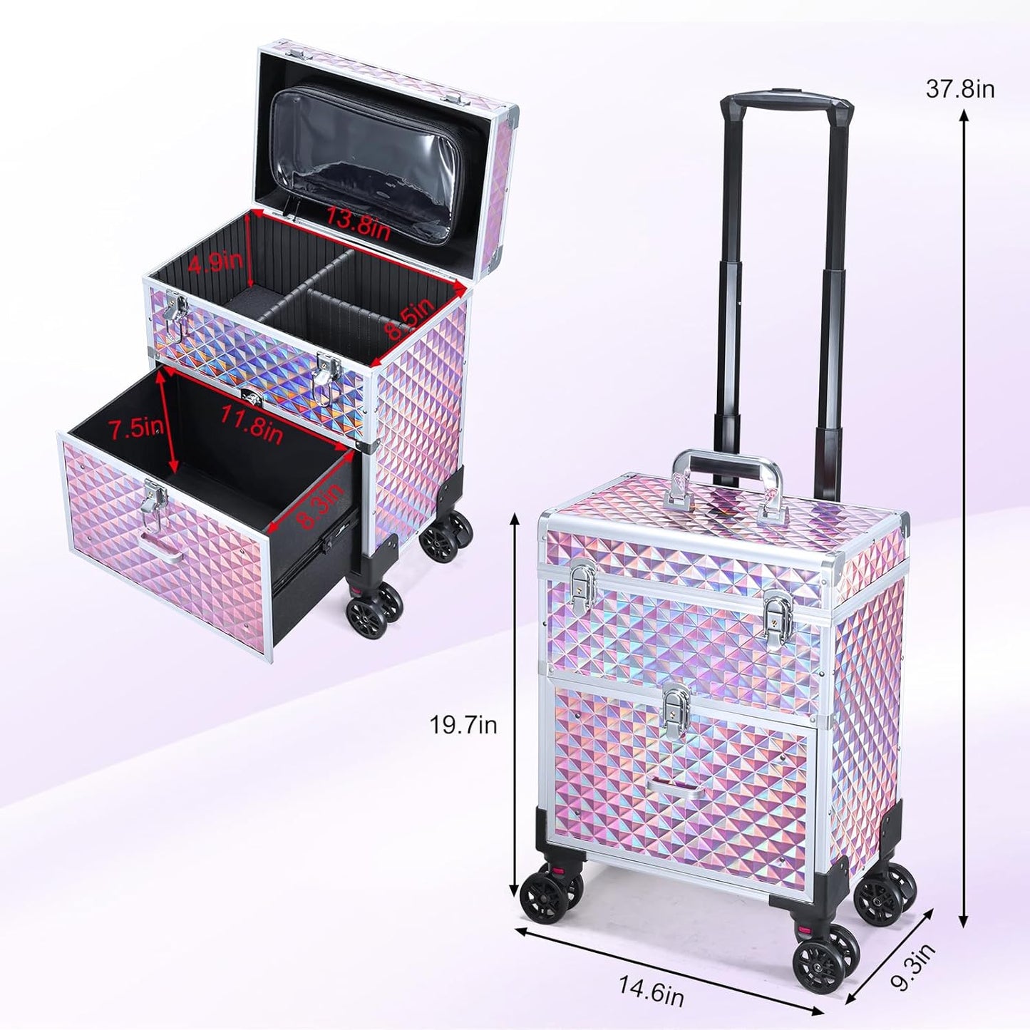 Adazzo Professional Rolling Makeup Case with Drawer for Makeup Artists Cosmetic Train Case Large Storage Case for Nail Technicians Cosmetology Case with Detachable Bag for Hairstylist Pink