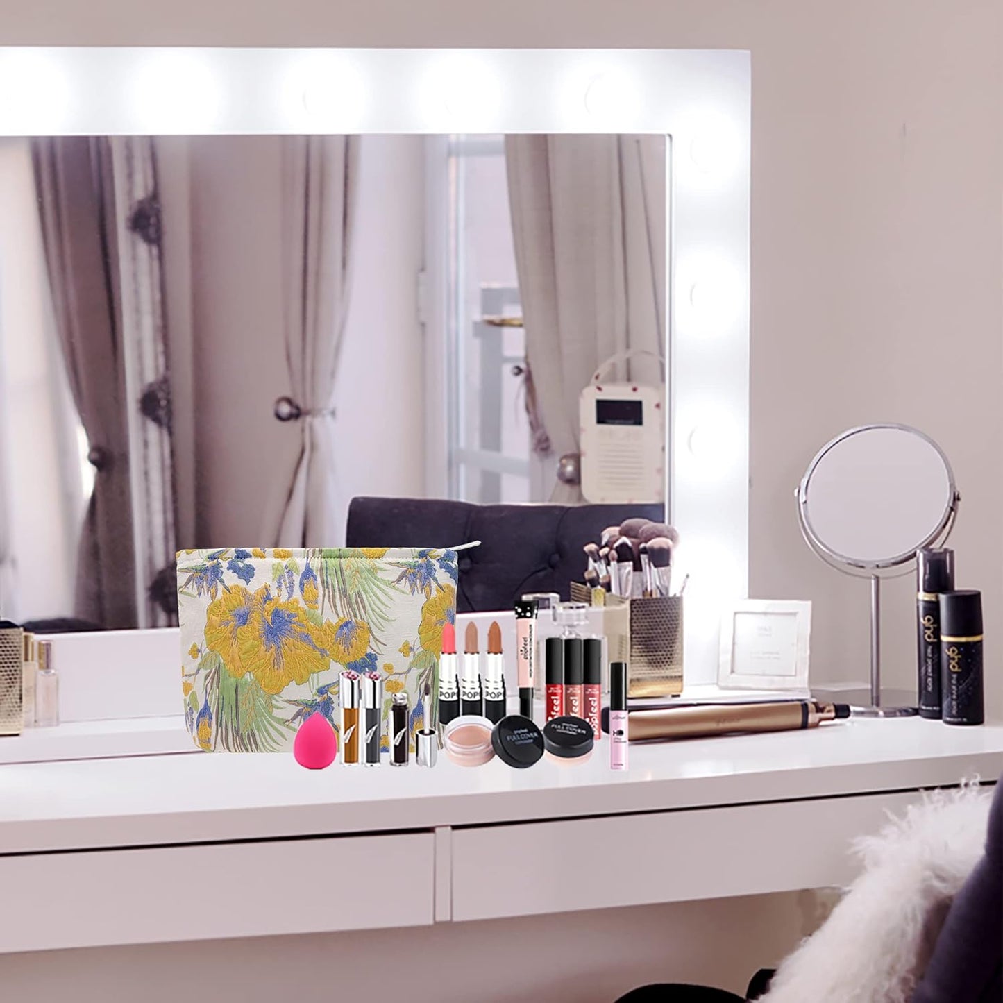 Makeup Bags for Purse Zipper Cosmetic Pouch Large Travel Canvas Make Up Organizer Tool Pouch for Women and Girls,Brocade Flower Yellow