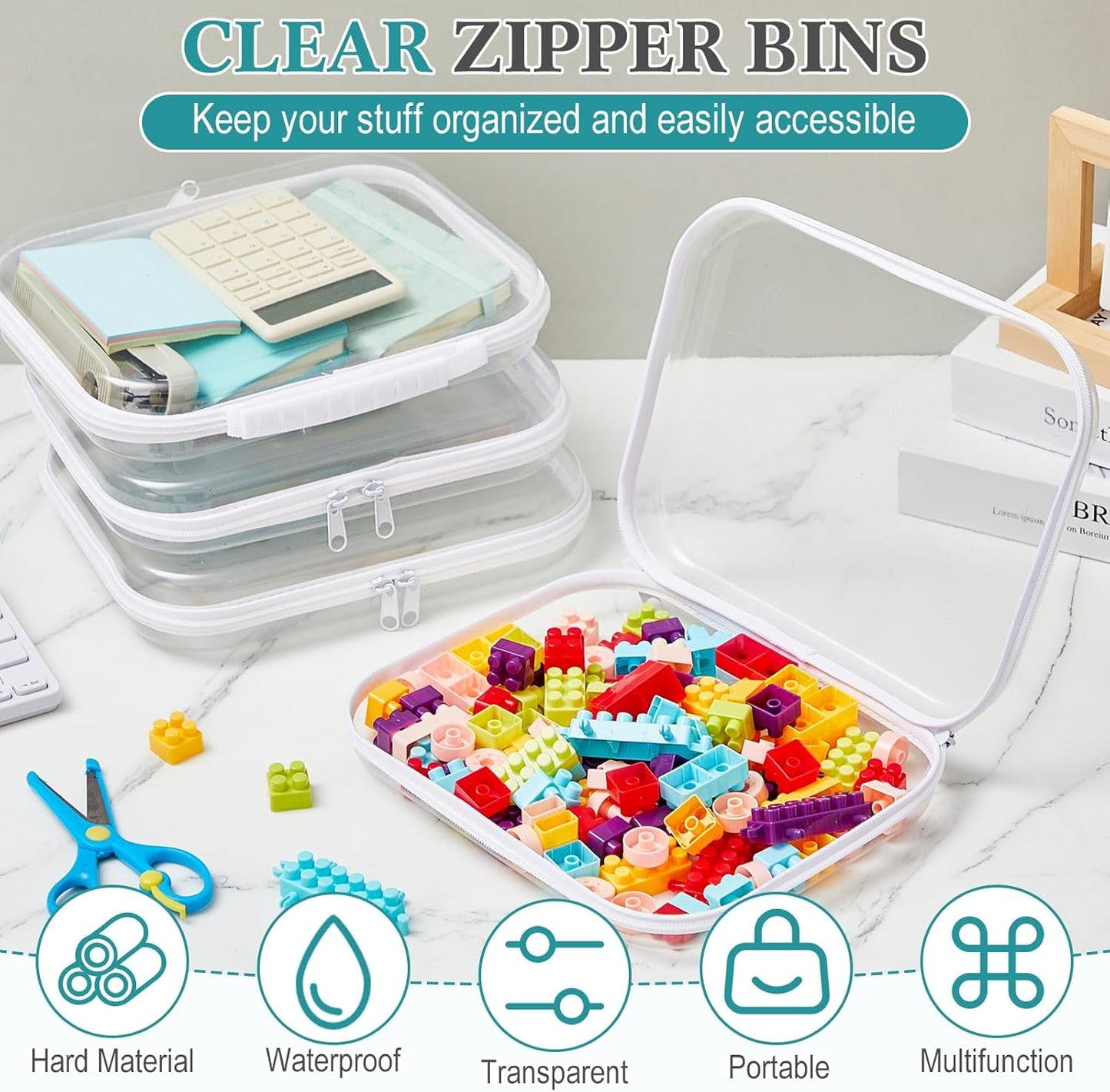 Sanwuta 4 Pcs Clear Hard Zipper Case with Handle Office Storage Cases Hard Plastic Pouches Transparent Bins for Crafts, Pencils, Snacks, Cosmetics, Puzzles(9.8 x 7.9 x 2 Inches,White)