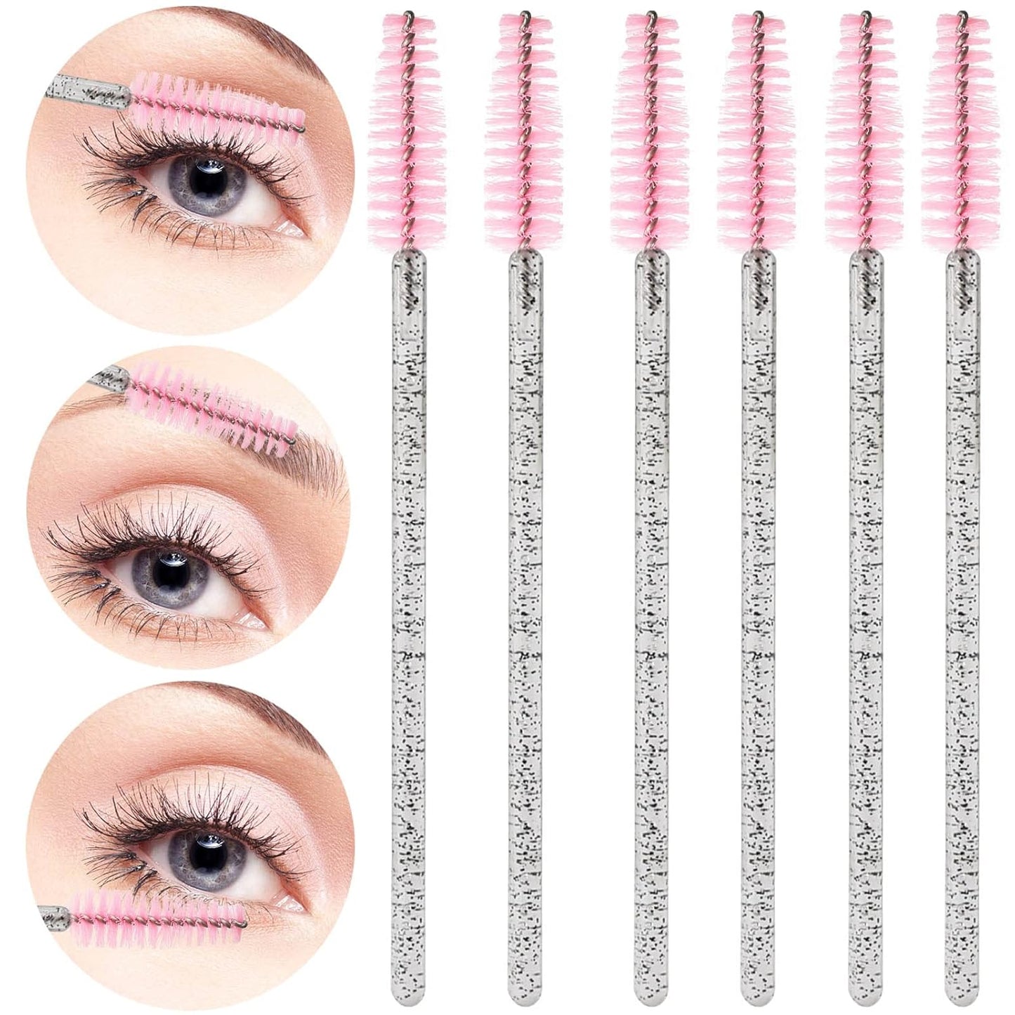 Tbestmax 300 Pcs Disposable Spoolies, Mascara Wand Eyelashes Brushes Applicator for Eyebrow Eye Lash Extension Black Stick Pink Head