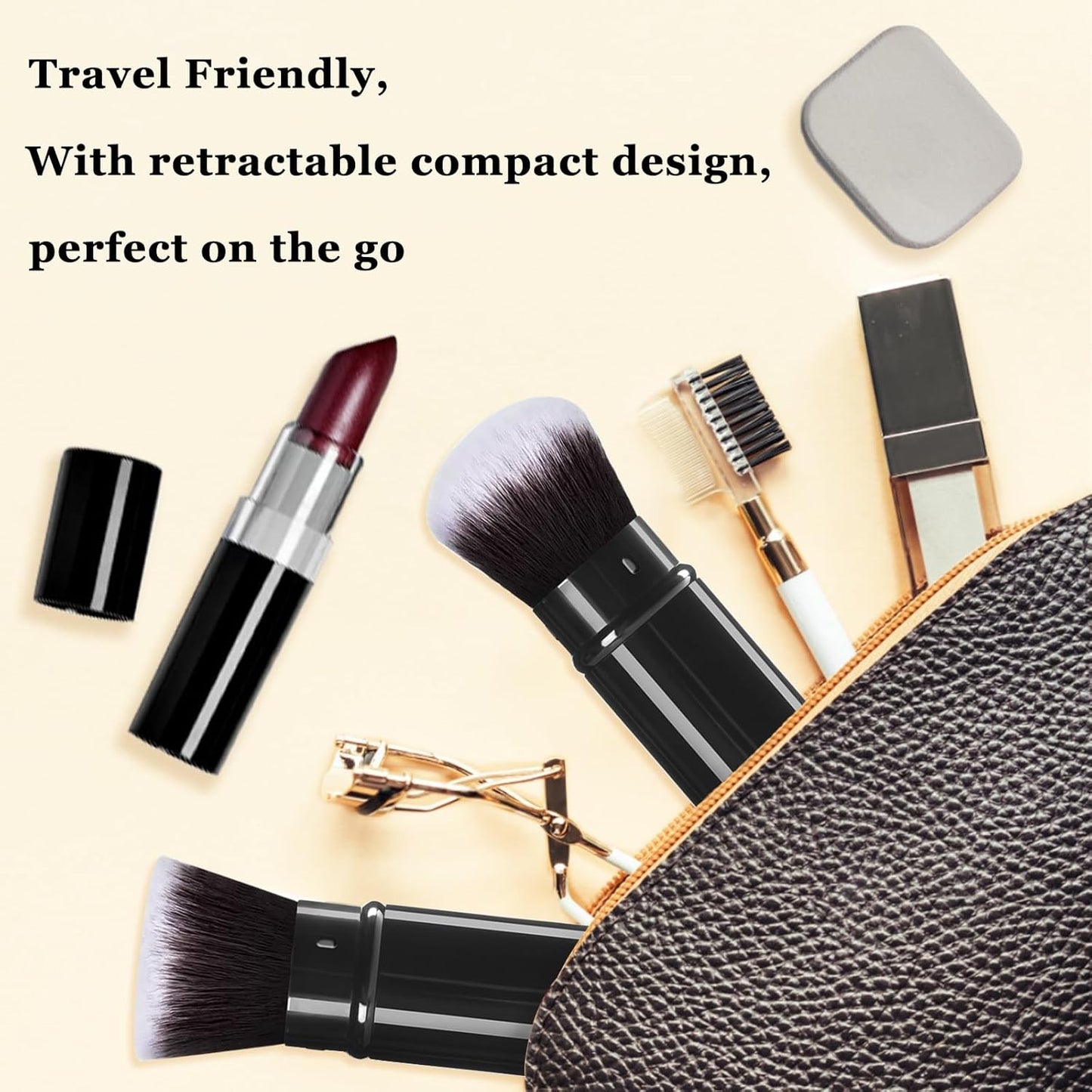 Retractable Makeup Brush 2 Pack, Travel Kabuki Powder Foundation Makeup Brush Face Blush Brushes for Blending Liquid, Blush, Bronzer, Buffing, Sunscreen,Flawless Cosmetics