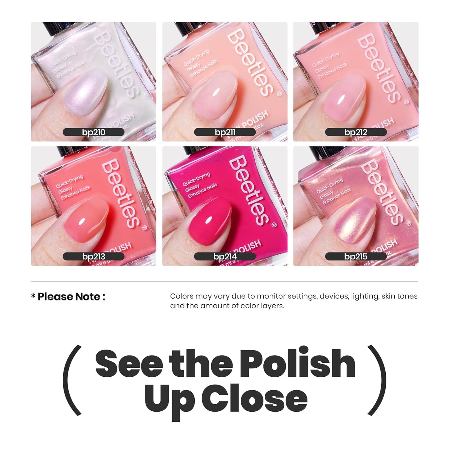 Beetles Nail Polish Set Heartbeat-6 Colors Hot Pink White Jelly Nude Pink Nail Polish Set Shimmer Pearl Quick Dry Finger Nail Polish DIY Nail Art Salon Home Gift for Women & Girls