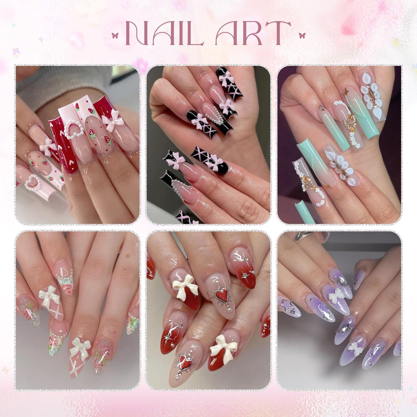 3D Nail Charms and Gems Set 7, 20PCS Chunky Butterfly Charms + 75PCS Coquette Nail Bows and Hearts + 3D Flowers for Nails with Rhinestones, Pearls, Diamonds and Picker Tools for Y2K Nail Decor