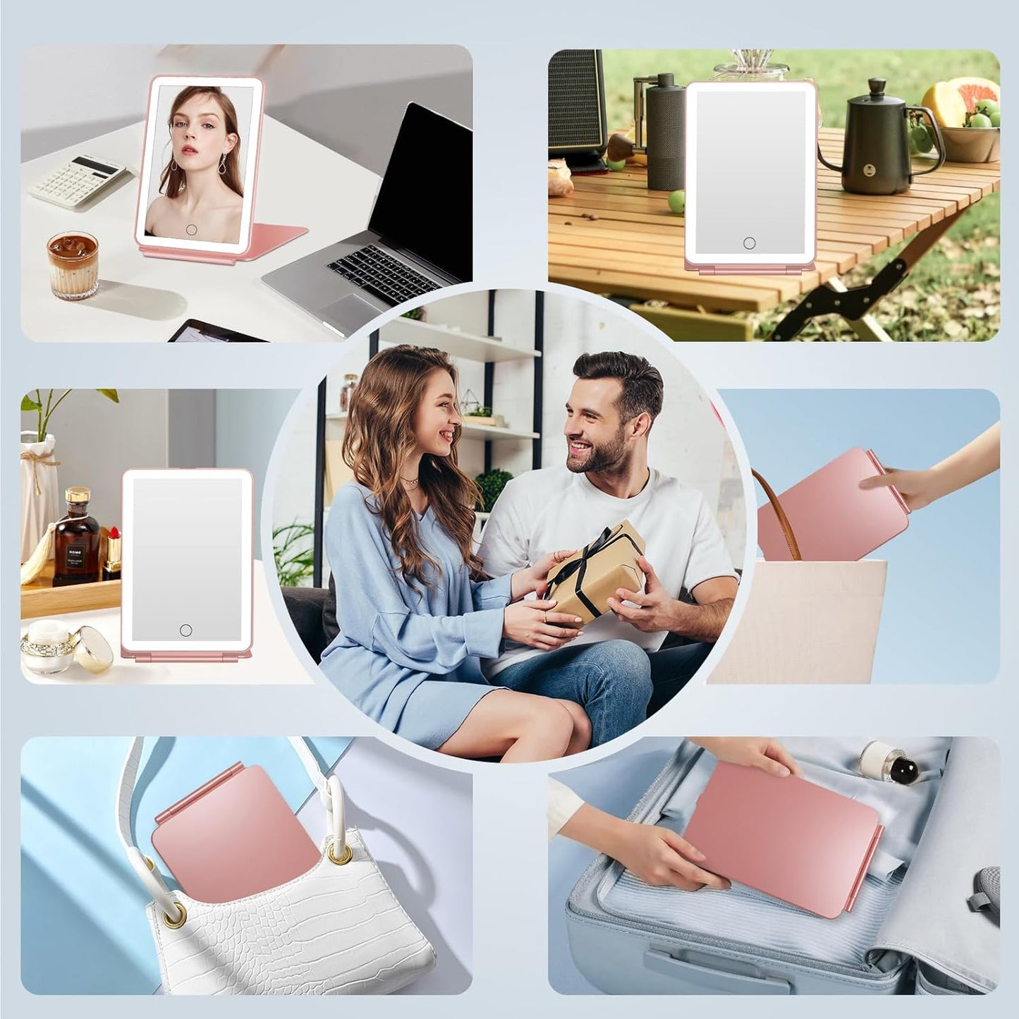 FUNTOUCH Rechargeable Travel Makeup Mirror with 72 Led Lights, Portable Lighted Beauty Mirror, 3 Color Lighting, Dimmable Touch Screen, Tabletop LED Folding Cosmetic Vanity Mirror