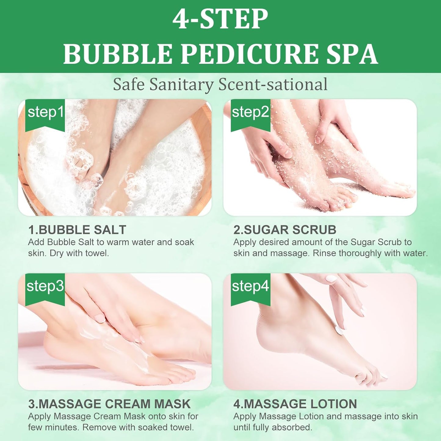 Pedicure Kit Foot Soak Set: Bubble Salt, Sugar Scrub, Massage Mask, Massage Lotion in a Box, 4 Step Foot Spa Kit for Dry Feet,Tired Feet(3 Set Eucalyptus)
