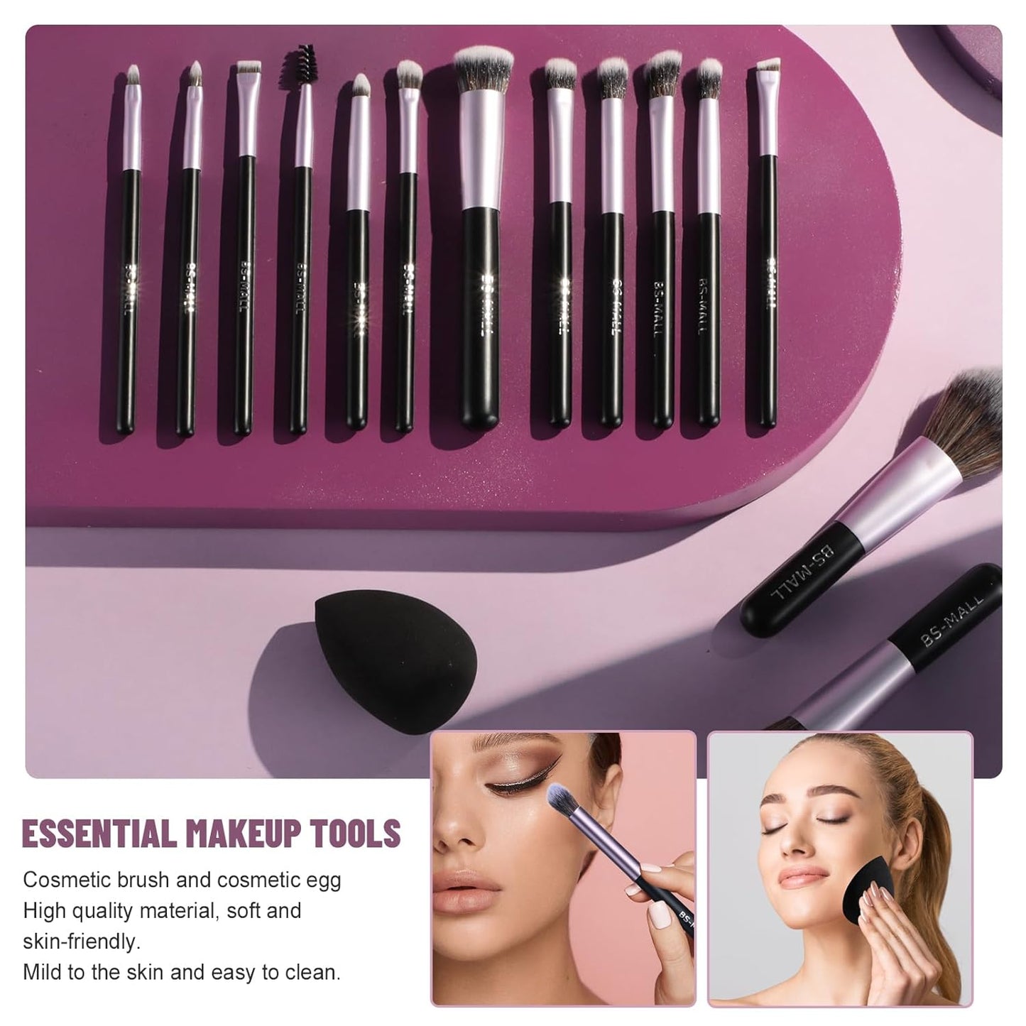 BS-MALL 14 Pcs Makeup Brushes Set with 1 Pcs Makeup Sponge – Essential Foundation Powder Concealers, Eye Shadows, Blush Makeup Brushes with Travel Makeup Case (Purple)