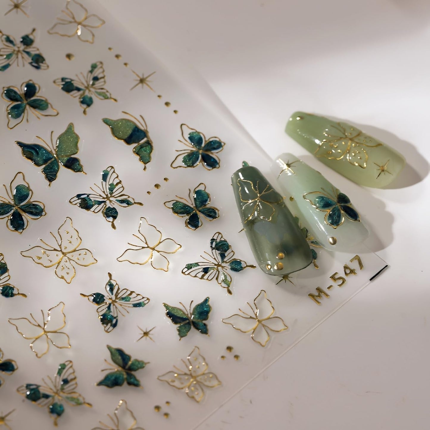 Green Butterfly Nail Stickers for Nail Art 5D Embossed Nail Decals Gold Butterfly Nail Art Stickers Cute Nail Supplies for DIY Manicure Self Adhesive Nails Design for Women