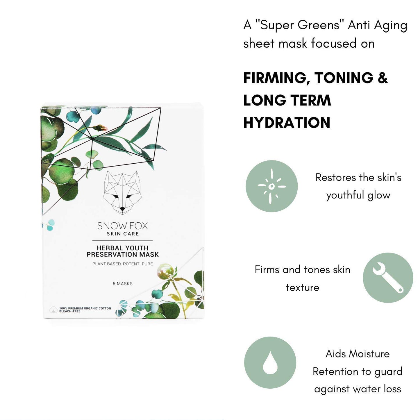 Snow Fox Herbal Youth Mask – 1 Pack Anti-Aging, Hydrating and Firming Mask with Super Greens Herbs that Boost Collagen and Elasticity Production for a Radiant Youthful Glow