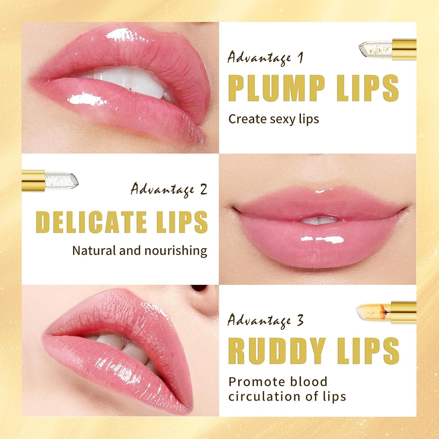 MUNIP Transferproof Color Changing Lipstick,Gold Crystal Ph Color Changing Conservation Clear Lipstick Set,Flower Jelly Lipsticks Set,Long Lasting Moisturizing Nutritious Lip Gloss for Women (1set)