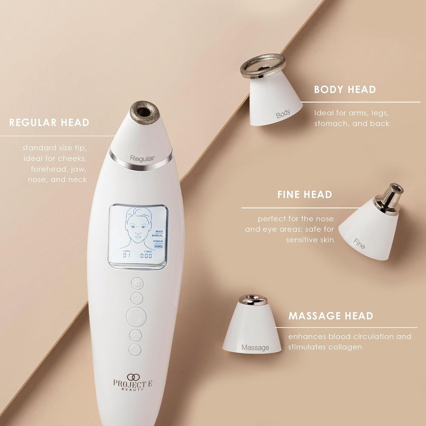 Reinvo Facial Microdermabrasion Wand by Project E Beauty | Gentle Exfoliation | Reduce Wrinkles & Fine Lines | Decrease Pores | Fresh & Radiant Skin | 4 Interchangeable Heads | Vacuum Suction Device