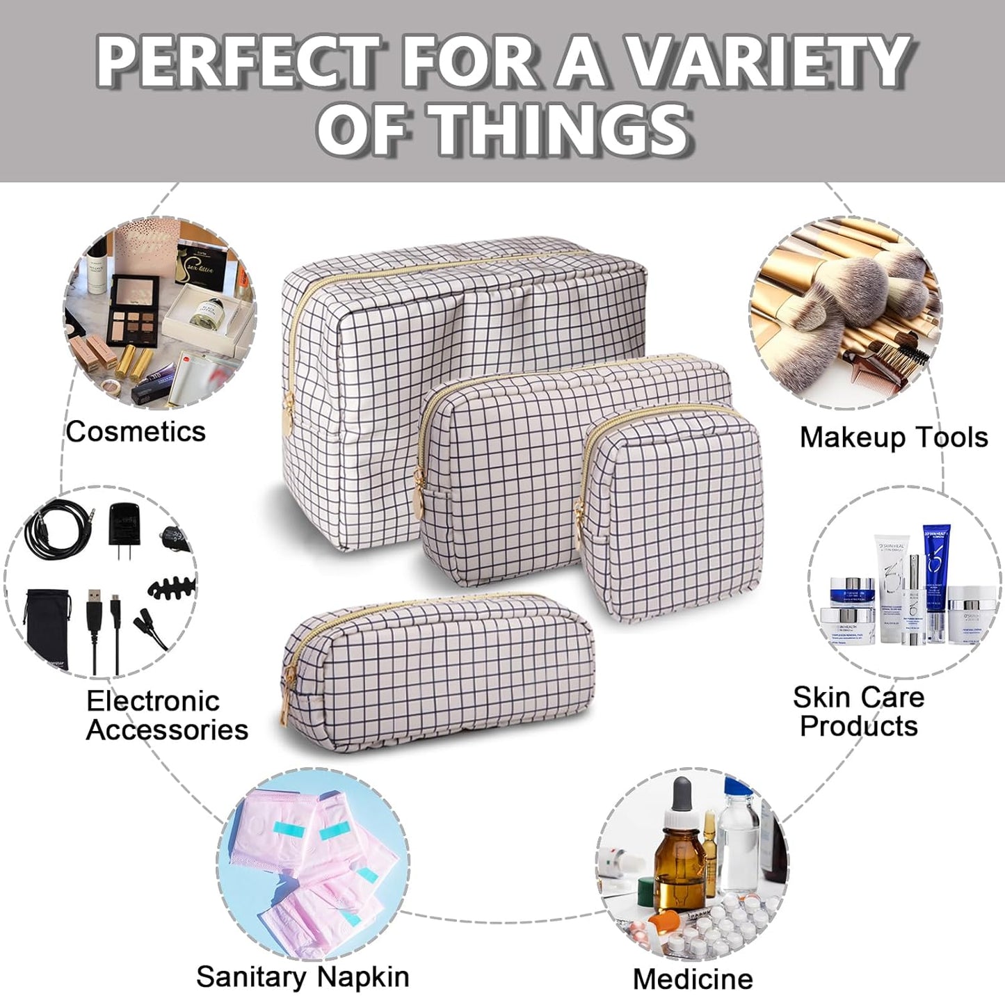 Mini Makeup Pouch for Purse, Nylon Travel Toiletry Organizers Small Cosmetic Bag for Women Girl, Checkered Cute Zipper Coin Purse Preppy Storage Bag for School Work(Mini-Checkered)