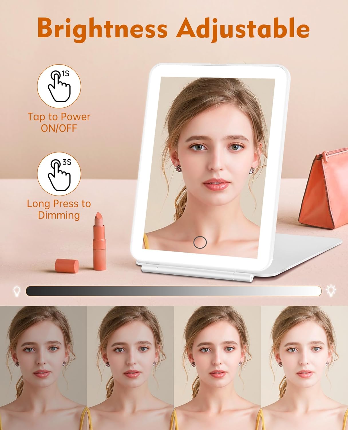 FUNTOUCH Rechargeable Travel Makeup Mirror with Lights and 10X Magnifying Mirrors, Portable Lighted Vanity Mirror with 80 Led,2000mAh Battery,3 Color Lighting,Touch Dimming,Tabletop Light up Mirror