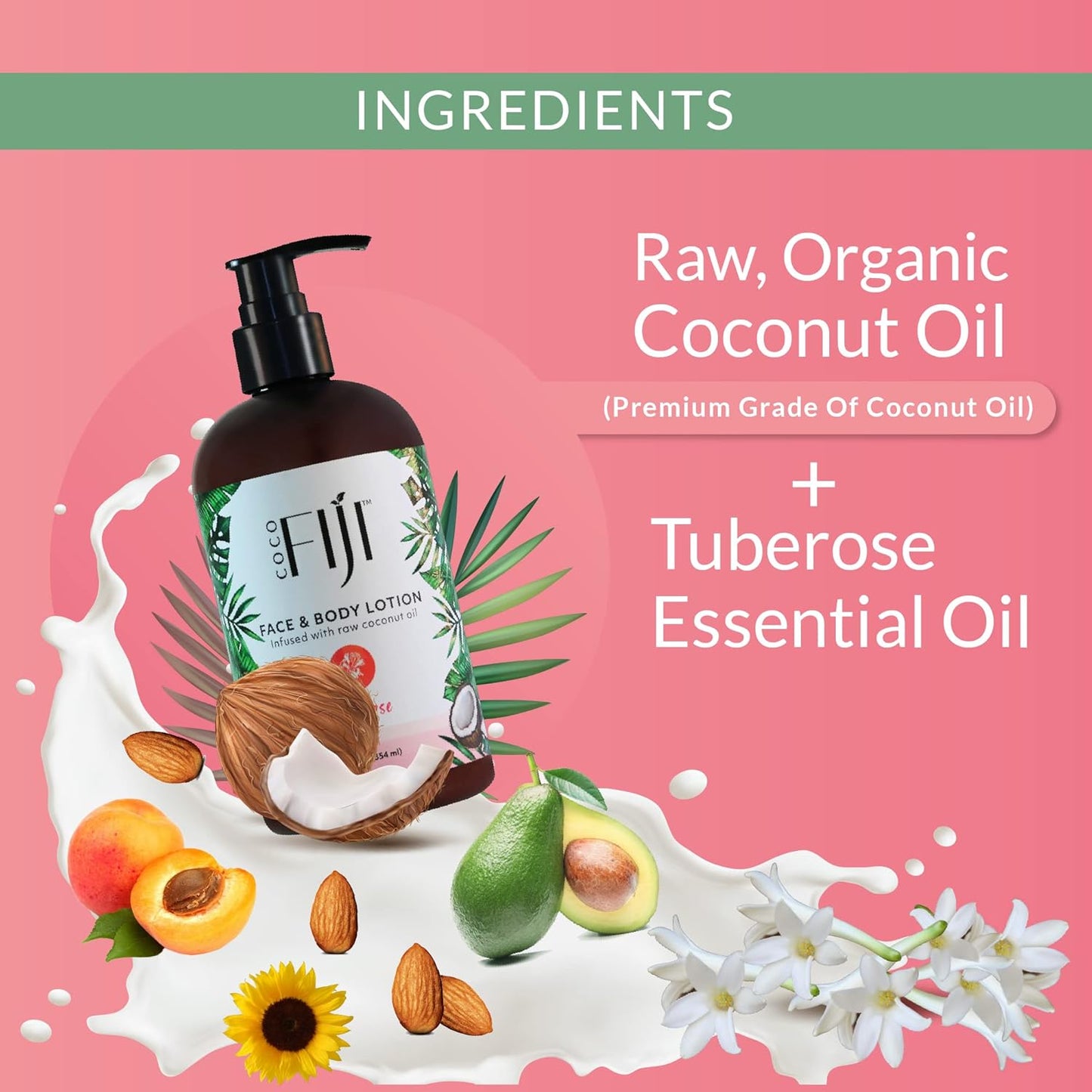 Coco Fiji Face & Body Lotion Infused With Coconut Oil | Lotion for Dry Skin | Moisturizer Face Cream & Massage Lotion for Women & Men | Tuberose 12 oz, Pack of 1