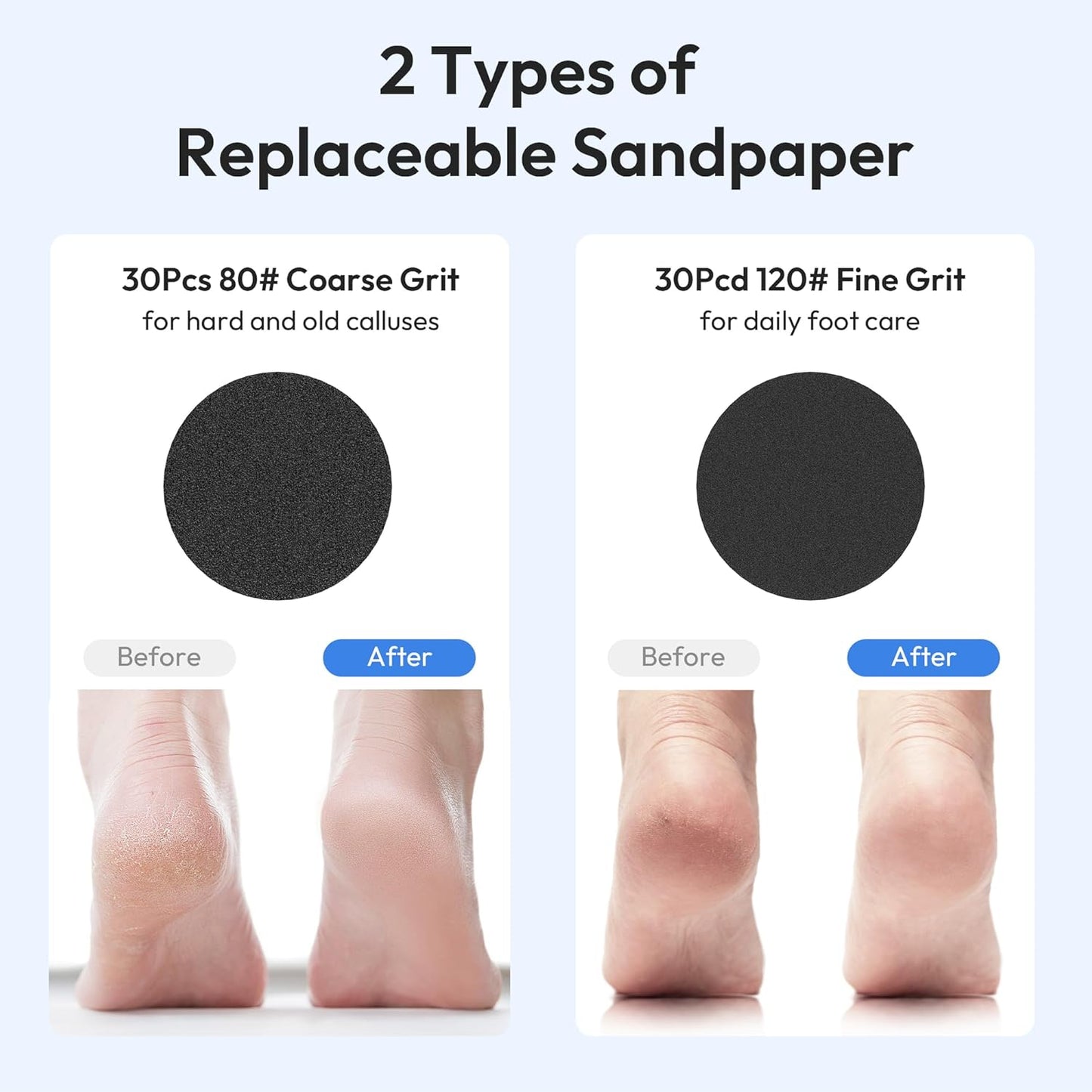 Electric Foot Callus Remover, 2-in-1 Rechargeable Portable Electric Foot File with 70pcs Sandpaper, Professional Pedicure Tools for Dead Skin, Hard Cracked, Dry Skin - Grey&Blue