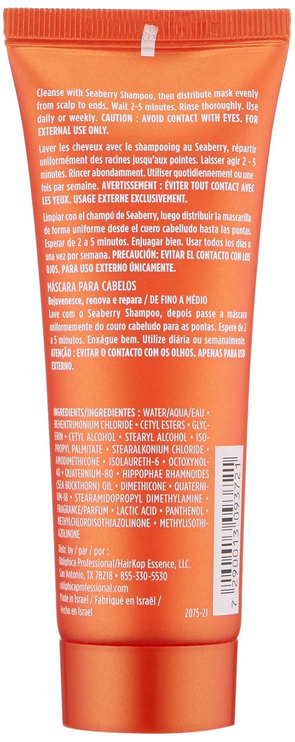 Obliphica Seaberry Hair Mask - Deep Conditioning Hydrating Treatment for Dry and Damaged Hair - Fine, Frizzy, and Color-Treated Hair - 2.64 Ounce (Pack of 1)