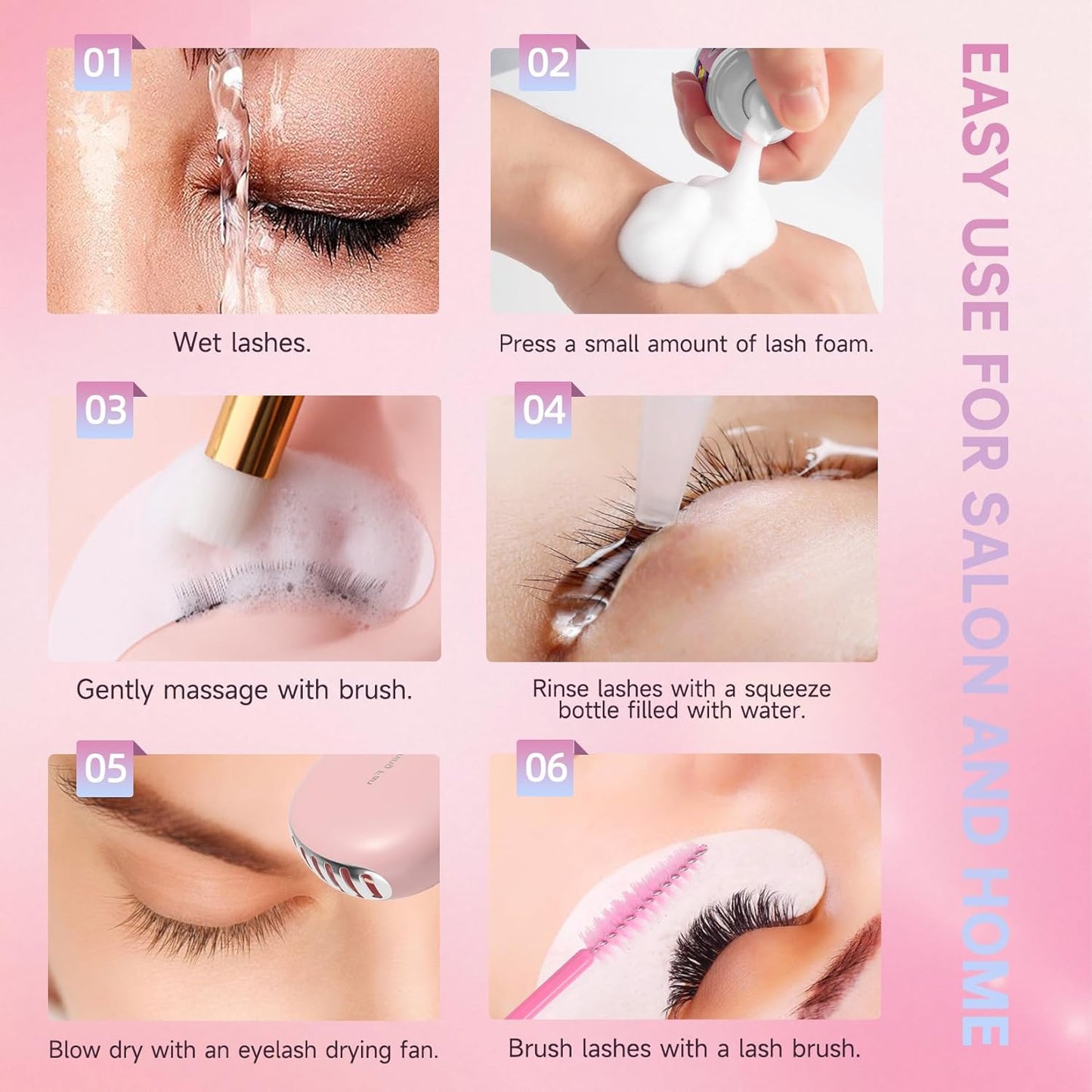 Buqikma Lash Cleaning Kit - 2PCS Lash Shampoo Eyelash Wash Kit with Fan Dryer Rinse Bottle for Eyelash Extensions Cleanser Mascara Remover Cleaning Brush for Lashes Extension Cleaner at Home Salon