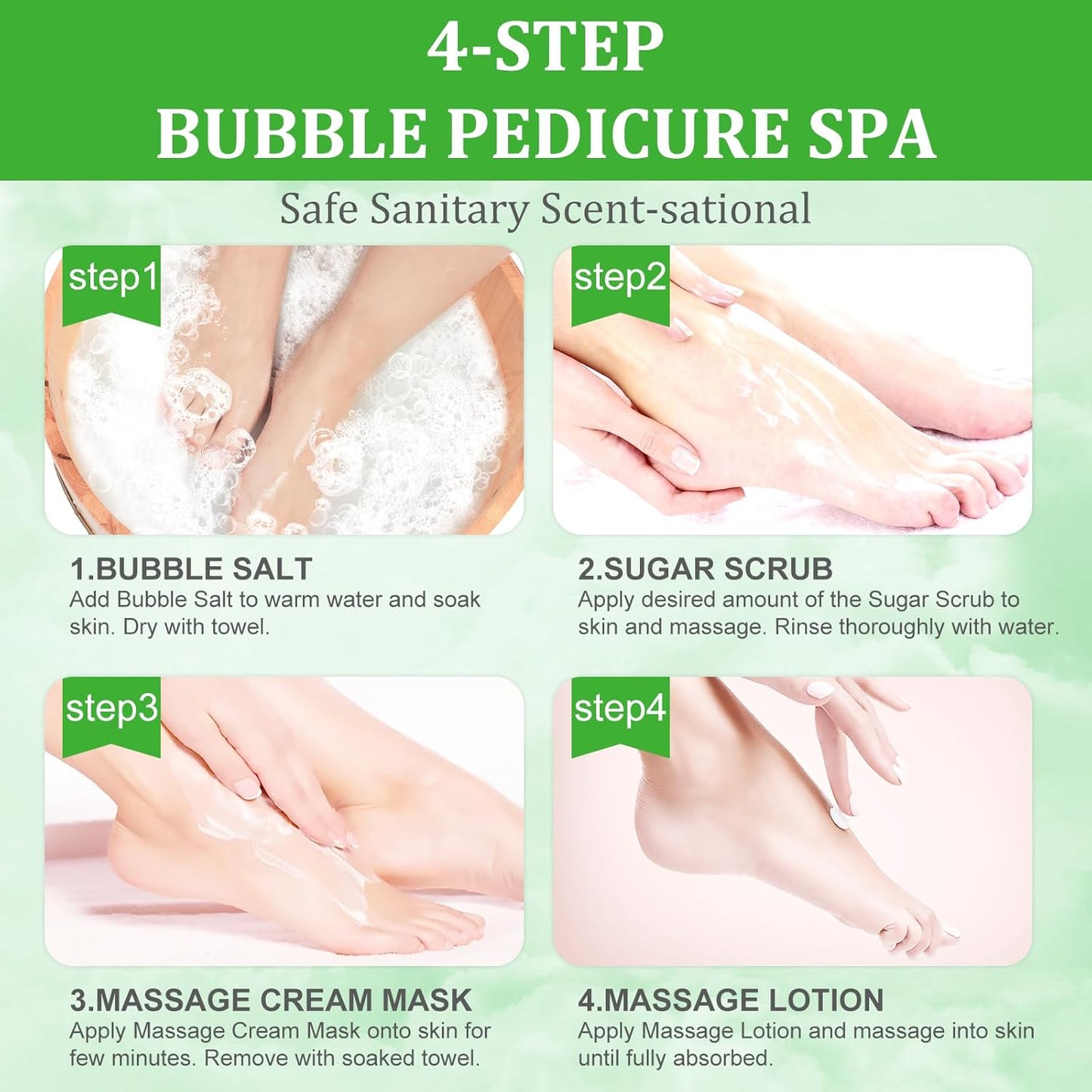 Pedicure Kit Foot Soak Set: Bubble Salt, Sugar Scrub, Massage Mask, Massage Lotion in a Box, 4 Step Foot Spa Kit for Dry Feet,Tired Feet(1 Set Lemon)