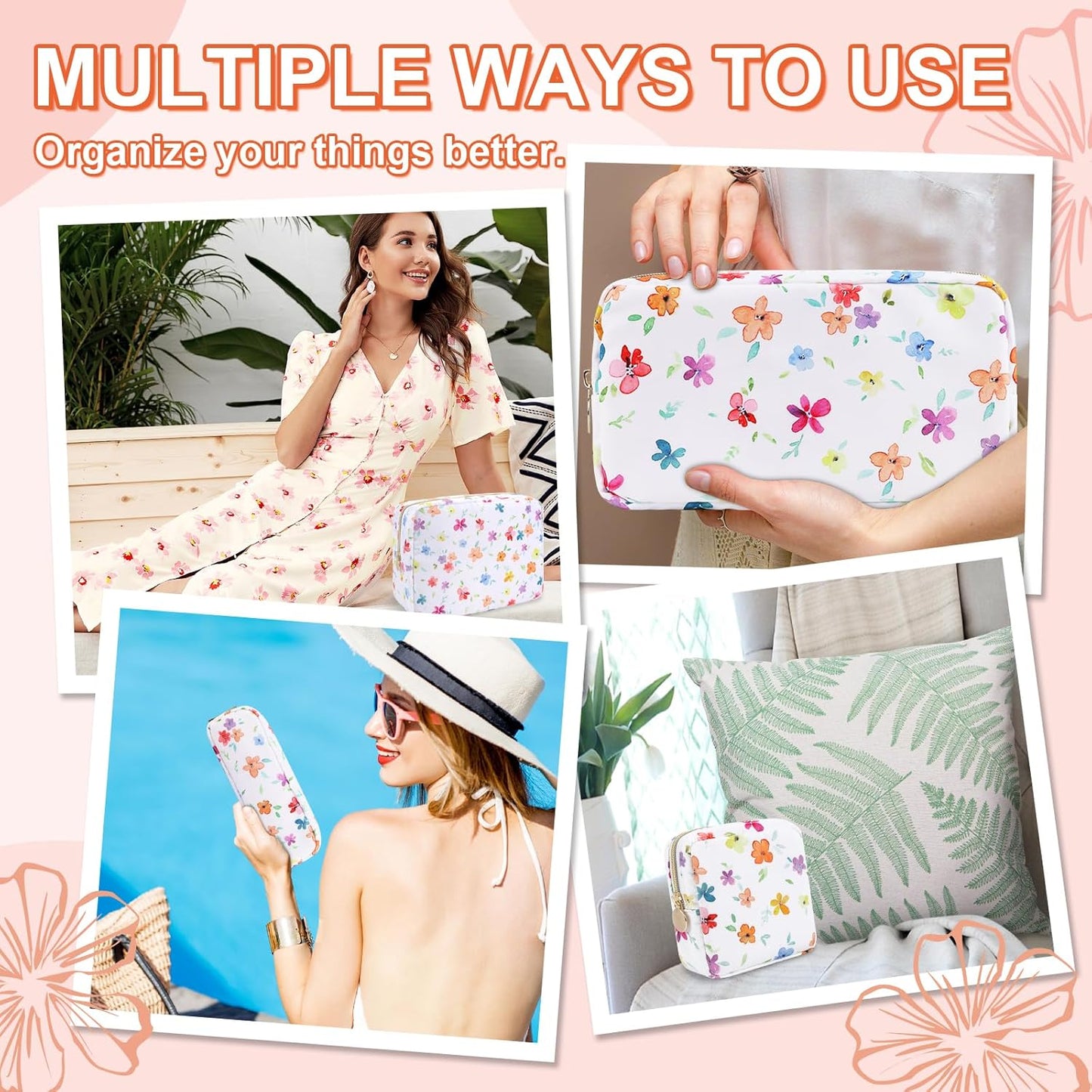 Waterproof Small Floral Makeup Bag Pouch for Purse,Nylon Flower Cosmetic Bag Preppy Travel Toiletry Storage Bag for Women Girl,Cute Makeup Organizer Bag Pouch with Zipper(Small Colorful-Flowers)