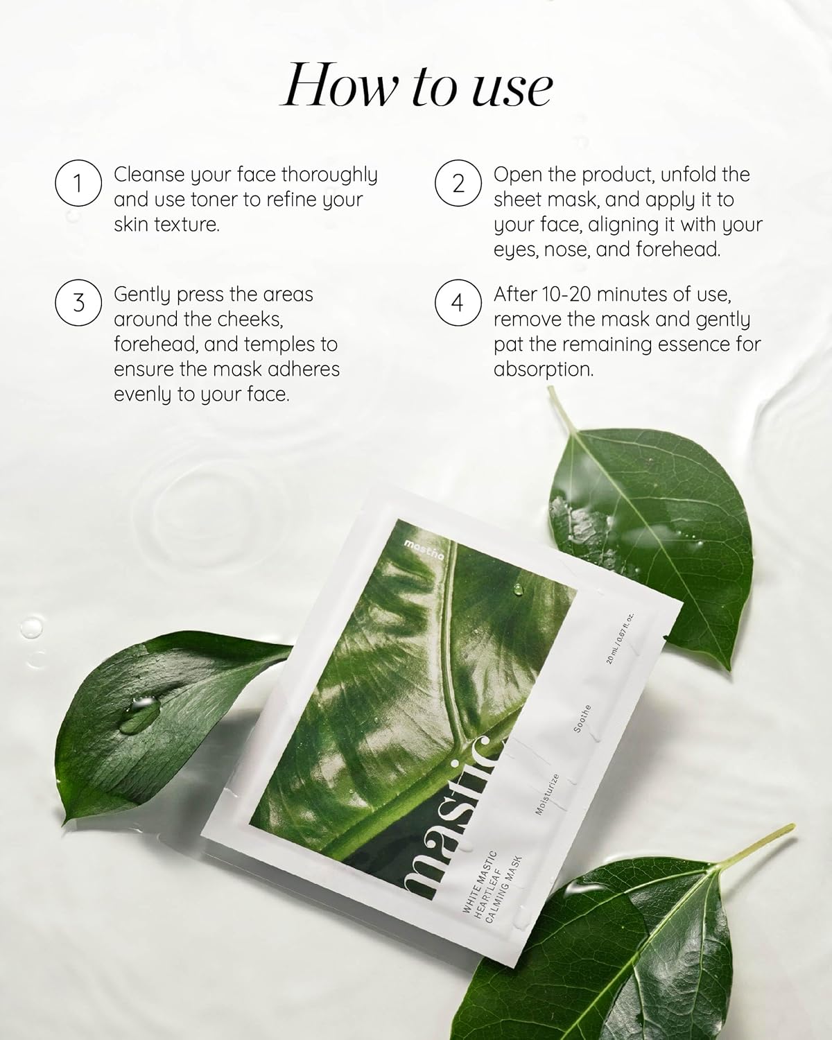 MASTINA White Mastic Face Mask (Heartleaf Calming, 4 pc) Premium Korean Skin Care for Soothing & Deep Moisturization. Sensitive Tired Skin White Mastic Cica Vegan Sheet Masks