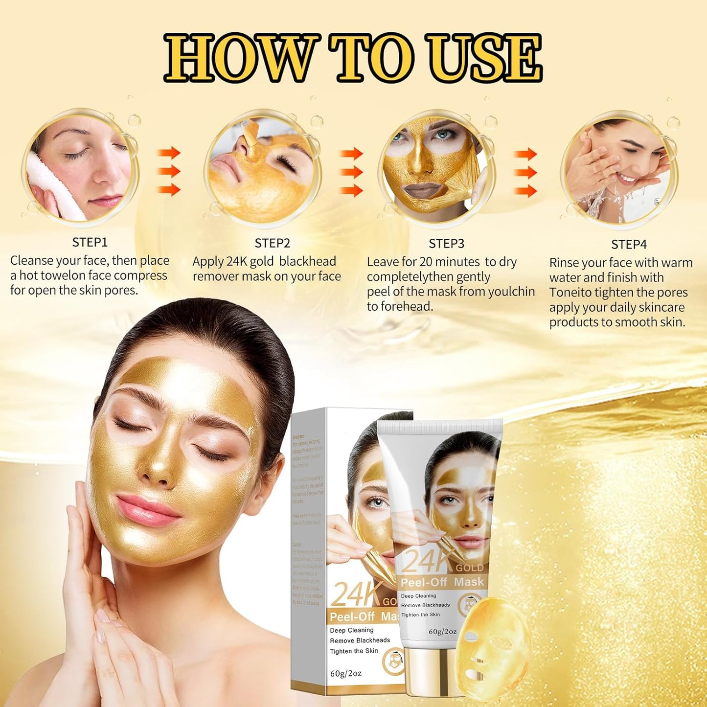 Blackhead Peel Off Mask, 24K Gold Peel Off Face Mask Blackhead Remover, Firming Peel Off Facial Mask for Face, Deep Cleaning Pore Peel Off Face Mask, Anti-Aging, Fine Lines& Wrinkles for All Skin