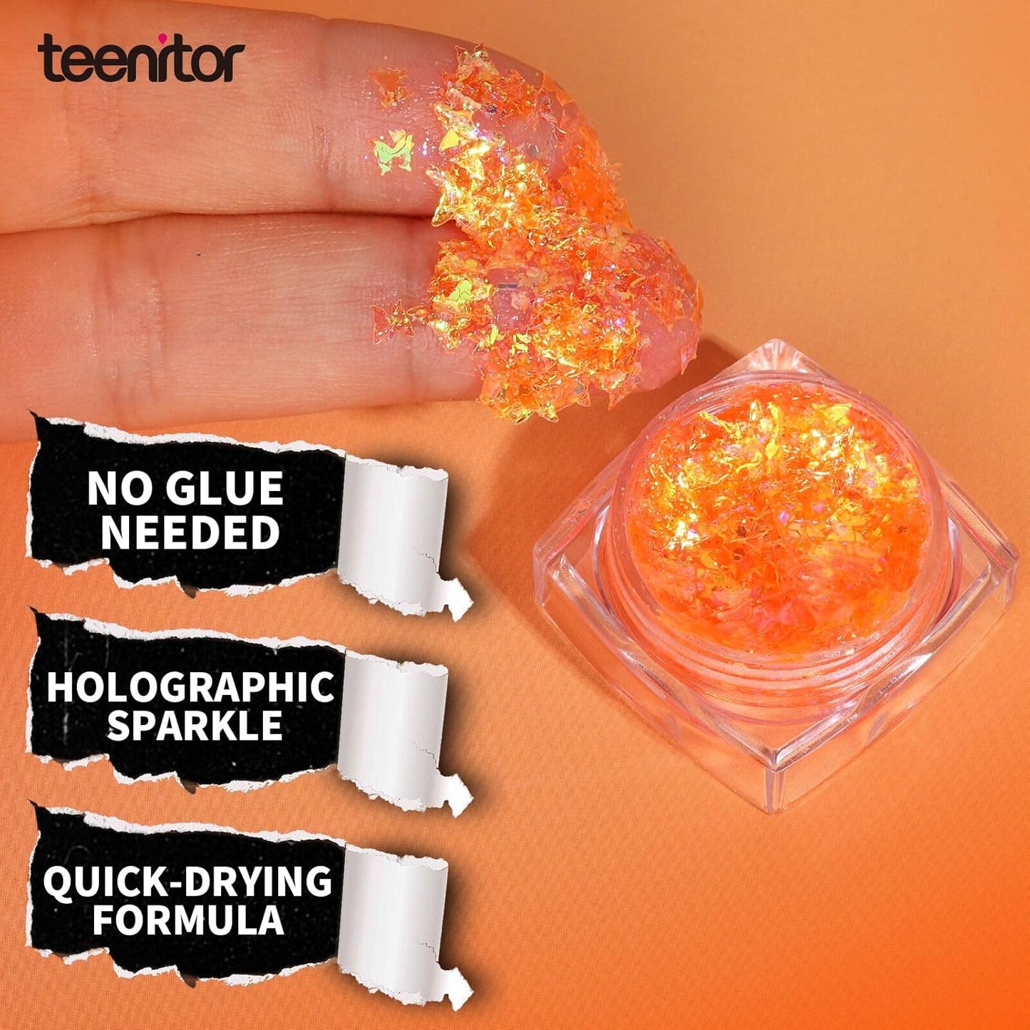 Teenitor Face Glitter, Orange Body Glitter Gel, Holographic Glitter for Face and Body, Hair, Makeup for Festival Party Cheer Makeup