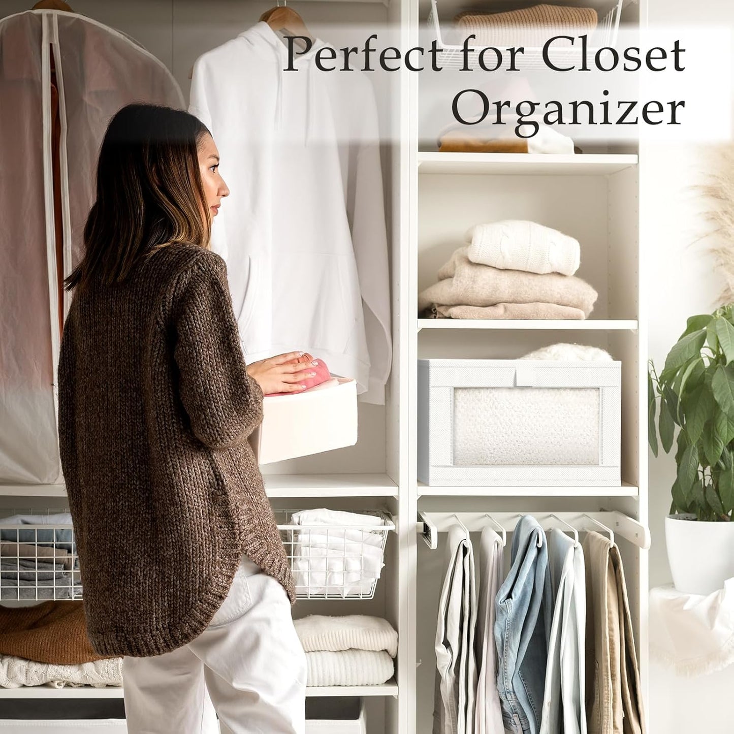 Criusia 4 Pack Closet Organizers and Storage, Large Linen Closet Baskets for Organization, Foldable Storage Containers for Towels, Clothing, Jeans, Books, Shelves, White