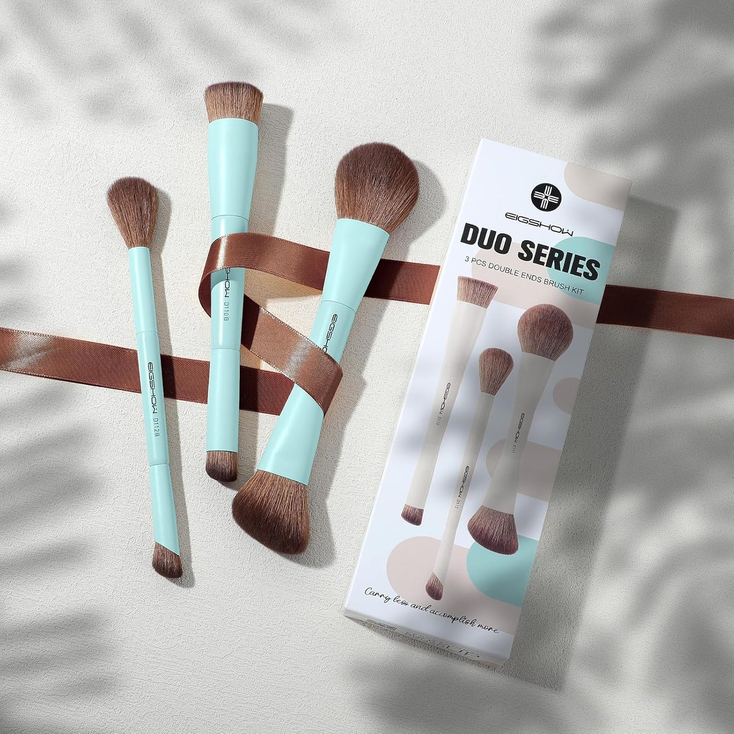 EIGSHOW Makeup Brush Set, 3Pcs Dual Ended Face Makeup Brushes for Foundation Powder Contour Highlight Concealer Nose Shadow, Travel Gift Set (Cyan)