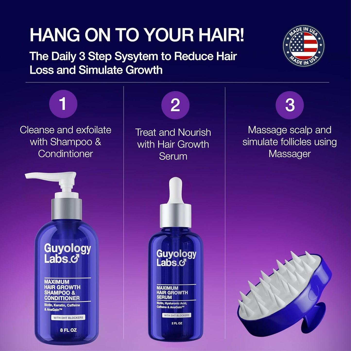 2 x Hair Growth Shampoo For Men - With Conditioner for Thinning Hair - Natural DHT Blockers To Reduce Hair Loss - Biotin and Keratin Best for Growth and Thickening - Made in USA