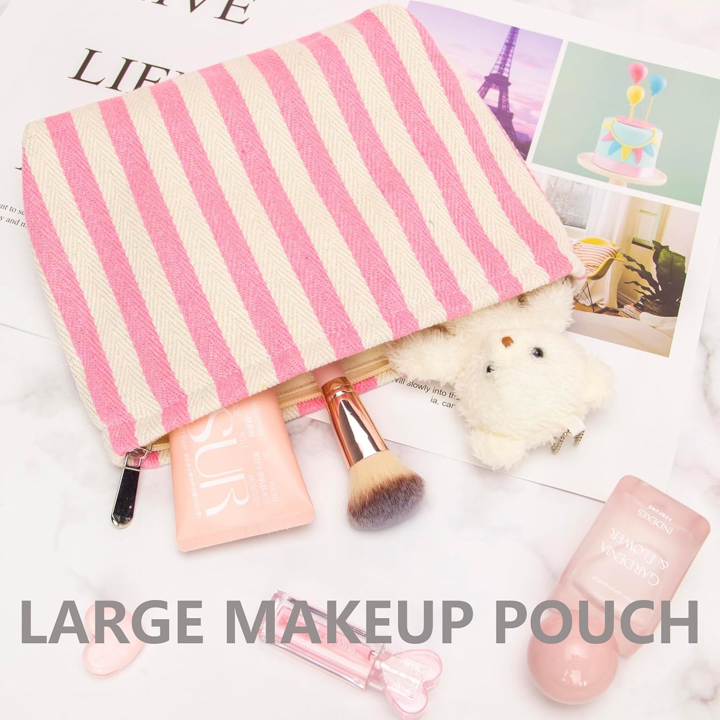 Makeup Bag Large Cotton Zipper Pouch for Purse Travel Canvas Make Up Organizer for Women Cosmetic,Stripe Pink