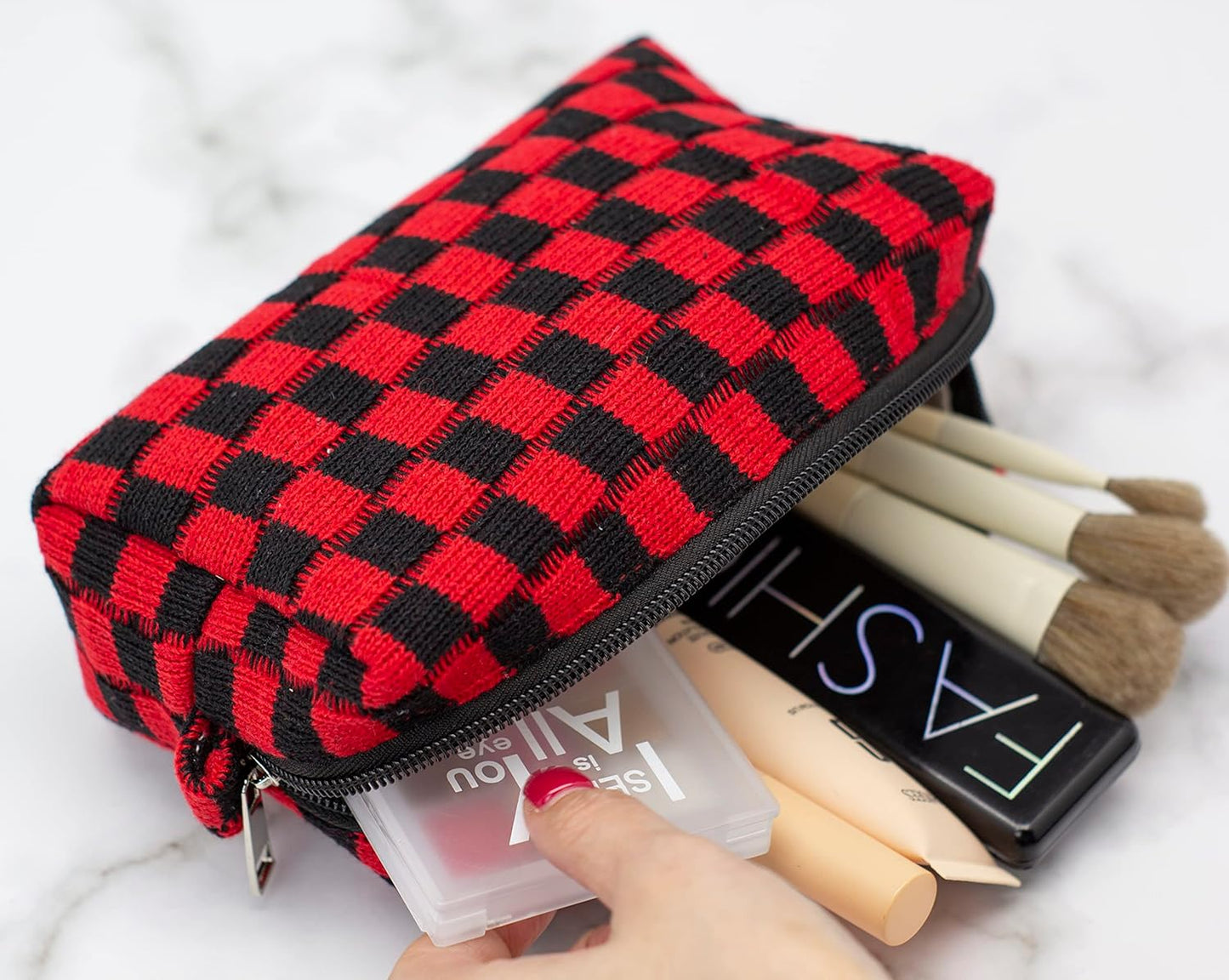 PAZIMIIK Checkered Makeup Bag for Purse Portable Zipper Make Up Pouch Small Cosmetic Case for Travel Accessories (Red Black)