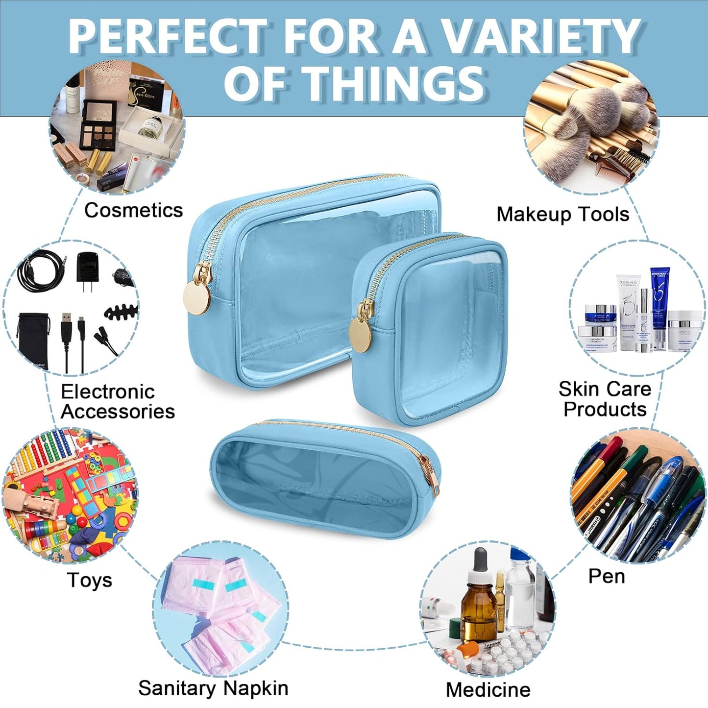 Clear Small Makeup Bag with Zipper, Nylon&PVC Cosmetic Travel Bag Preppy TSA Approved Toiletry Bag for Women Girls, Transparent Waterproof Makeup Pouches Cute Travel Bag for Purse(Small-Blue)