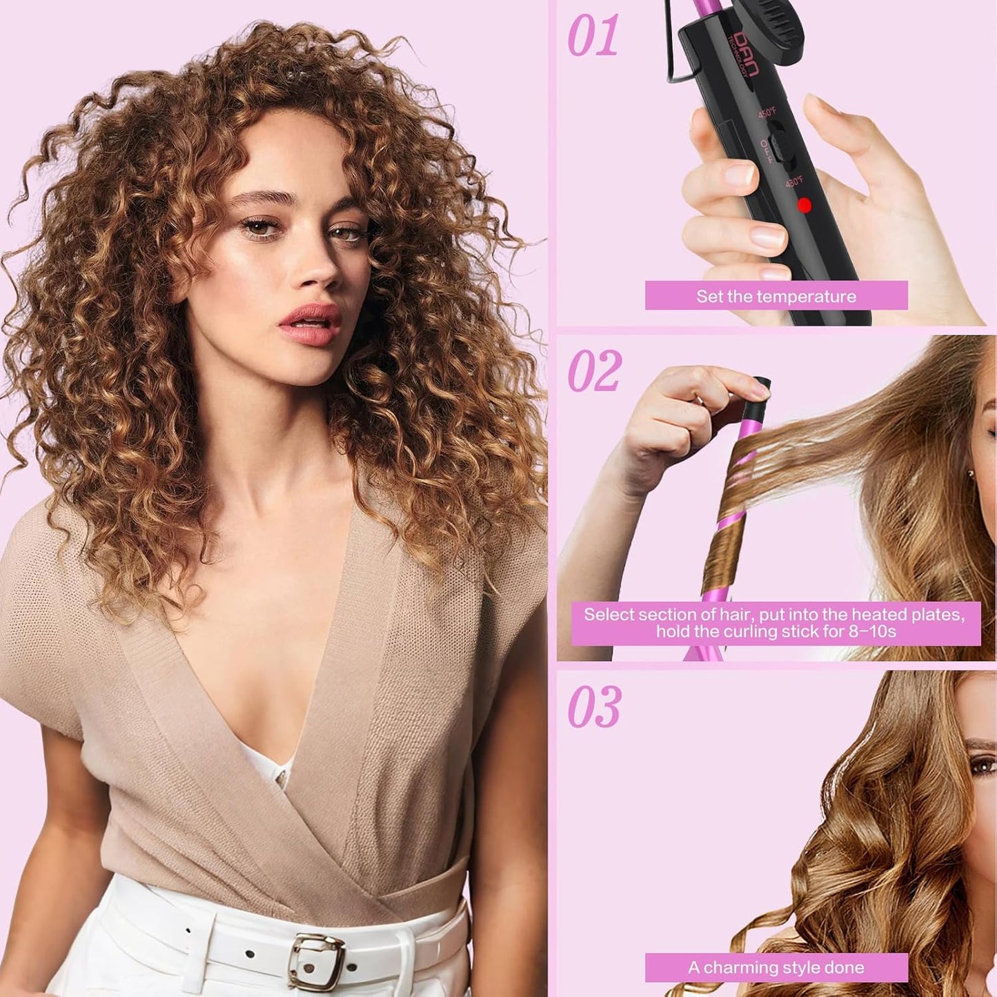 DAN Technology Small Ceramic Curling Wand with Adjustable Temperature for Tight Curls on Short & Long Hair (3/8 Inch, 10MM)