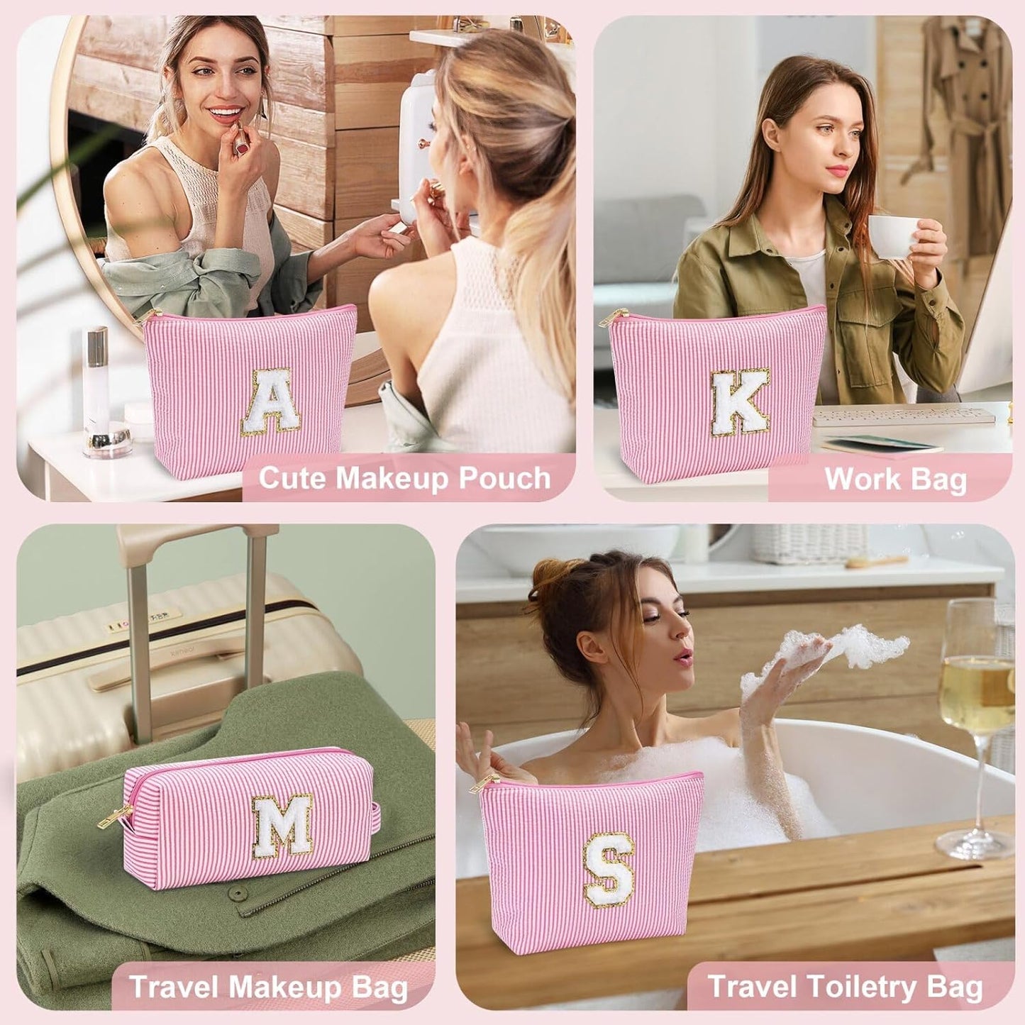 YOOLIFE Makeup Bag for Women, Personalized Initial Cute Makeup Pouch for Girlfriend Bridesmaid Wife | Cosmetic Travel Toiletry Bag for Friend Female Sister | Birthday Gift Idea for Her Mom Pink F