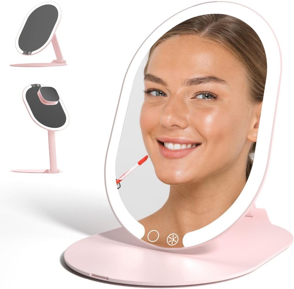 Fancii LED Rechargeable Portable Makeup Mirror with 3 Color Light Settings & 10x Magnetic Magnifying Mirror – Ultra Slim, Foldable Travel Vanity Mirror, 1500 mAh Battery, Height (Pink)