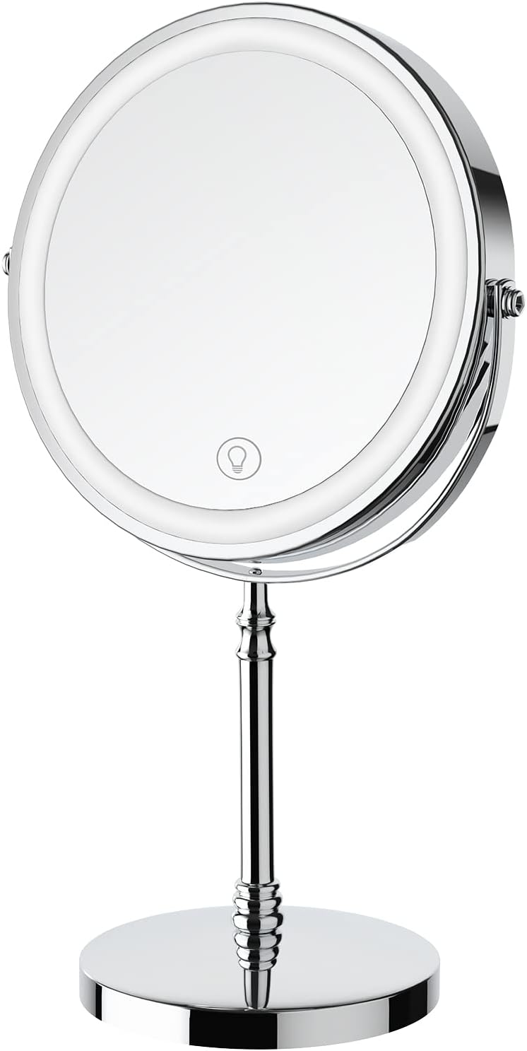 Lighted Makeup Mirror, 3000 mAh Rechargeable Double Sided Magnifying Vanity Mirror with 3 Colors, 1x/10x, 360° Rotation , Brightness Adjustable Magnification Cosmetic Light up Mirror, Women Gift