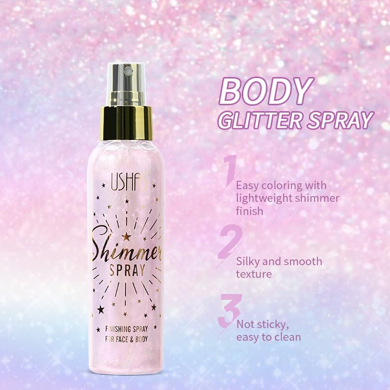 USHAS Body Glitter Spray 3.72 fl.oz - Temporary Body Shimmer Spray for Face, Hair, Clothing, Long Lasting Quick-Drying Shiny for Music Festival Rave (02)