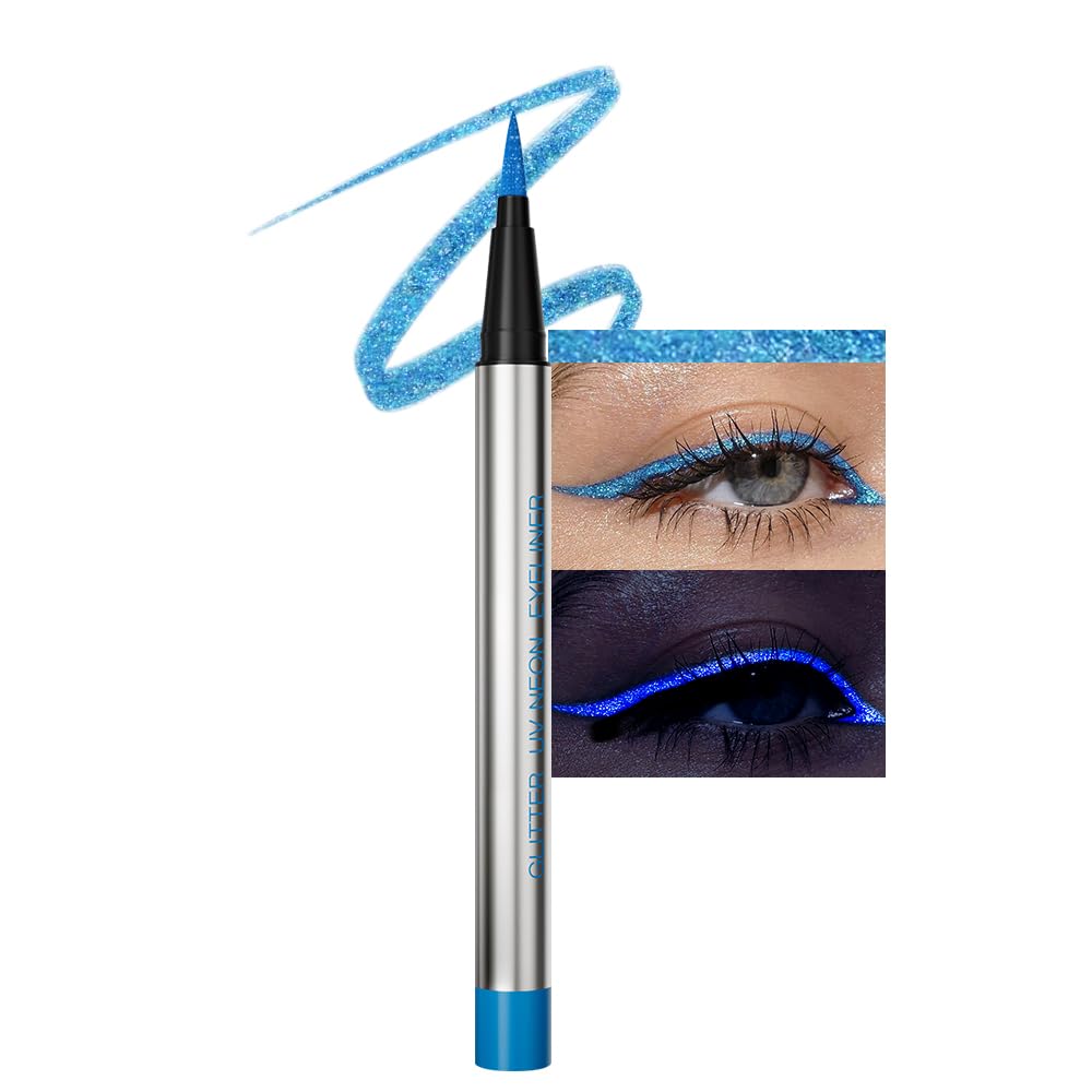 evpct Blue Shimmer Eyeliner UV Neon Gel Eyeliner Pencil Makeup, Rainbow Halloween Colored Colorful Gel Eye Liner Pen Glow in Dark Makeup, Long Lasting Waterproof Eyeliners for Face Body Painting