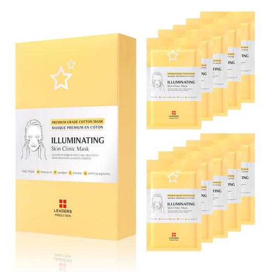 Leaders Insolution Illuminating Skin Clinic Mask | Omega-3 & Purslane Extract for Radiant Glow | Niacinamide Brightening Treatment | Even Skin Tone | 100% Natural Cotton (10 Sheets)