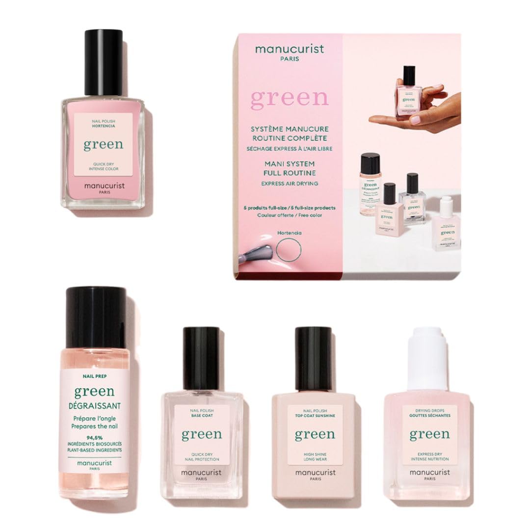 Manucurist System Green Pink (Hortencia) - Professional Manicure Set, Vegan & Plant-Based : 1 Nail Prep, 1 Base Coat, 1 Pink Nail Polish, 1 Top Coat, Drying Drops - No Lamp - Beauty Gift For Woman