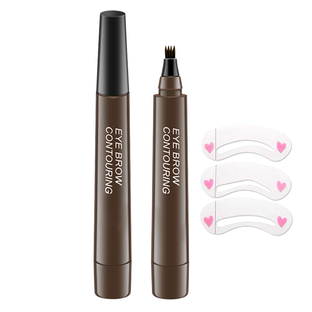 Eyebrow Ink Pencil by Brow Stylist -Micro 4 Point Brow Pen Lift & Snatch 2 Eyebrow Pen Kits with 3 Eyebrow Stencil Long-Lasting Waterproof Natural Eyebrow Hair (B-2Pc 02# Dark brown)