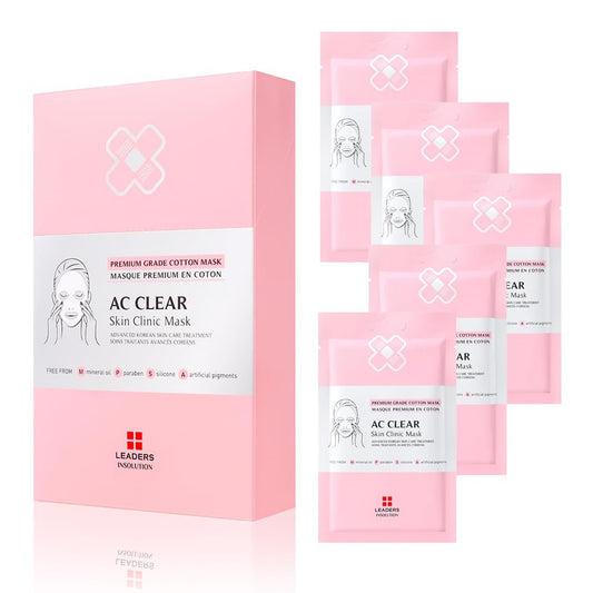 Leaders Insolution AC Clear Skin Clinic Mask | Snail Secretion & Tea Tree Oil for Acne, Redness, Oil Control | 100% Cotton Bemliese Sheet | Balances & Soothes Sensitive Skin (5 Sheets)